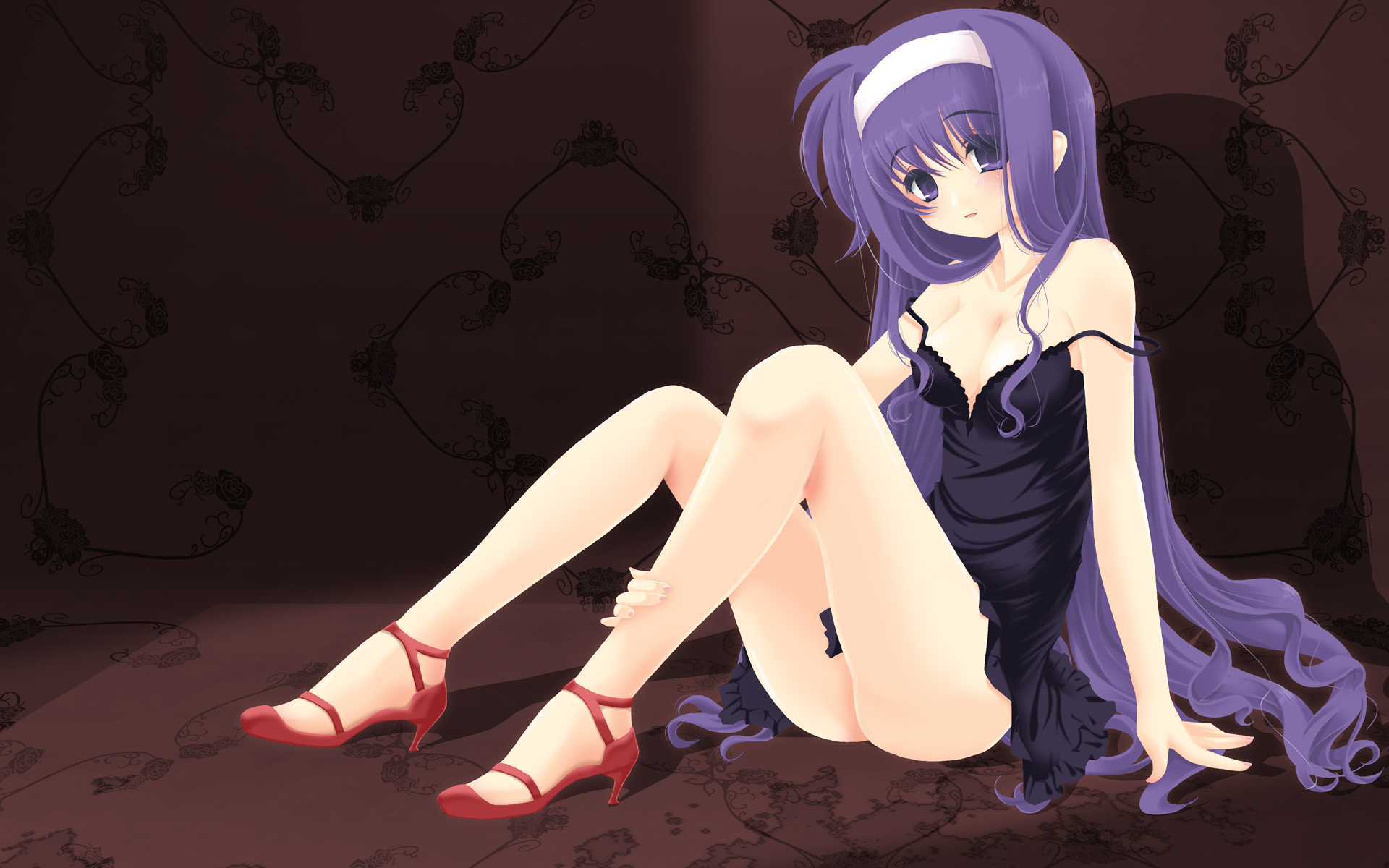 frapowa, tsukimura suzuka, lyrical nanoha, mahou shoujo lyrical nanoha, mahou shoujo lyrical nanoha strikers, highres, 00s, 1girl, ass, bare shoulders, breasts, chemise, cleavage, female focus, hairband, high heels, long hair, purple eyes, purple hair, shoes, small breasts, solo, strap slip