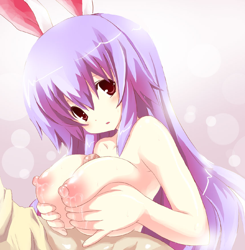 kurokawa izumi, reisen udongein inaba, touhou, bad id, bad pixiv id, 1girl, animal ears, bare shoulders, breasts, cum, large breasts, long hair, nipples, paizuri, penis, pink eyes, purple hair, rabbit ears, solo focus, topless female, uncensored