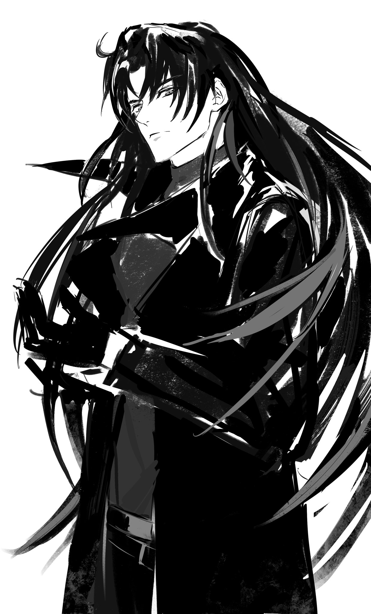 yoo joonghyuk, omniscient reader's viewpoint, chinese commentary, commentary request, highres, 1girl, 8d2suga9, black coat, black gloves, black hair, coat, cowboy shot, genderswap, genderswap (mtf), glaring, gloves, greyscale, hand up, head tilt, long hair, looking at viewer, monochrome, official alternate costume, open clothes, open coat, popped collar, serious, solo