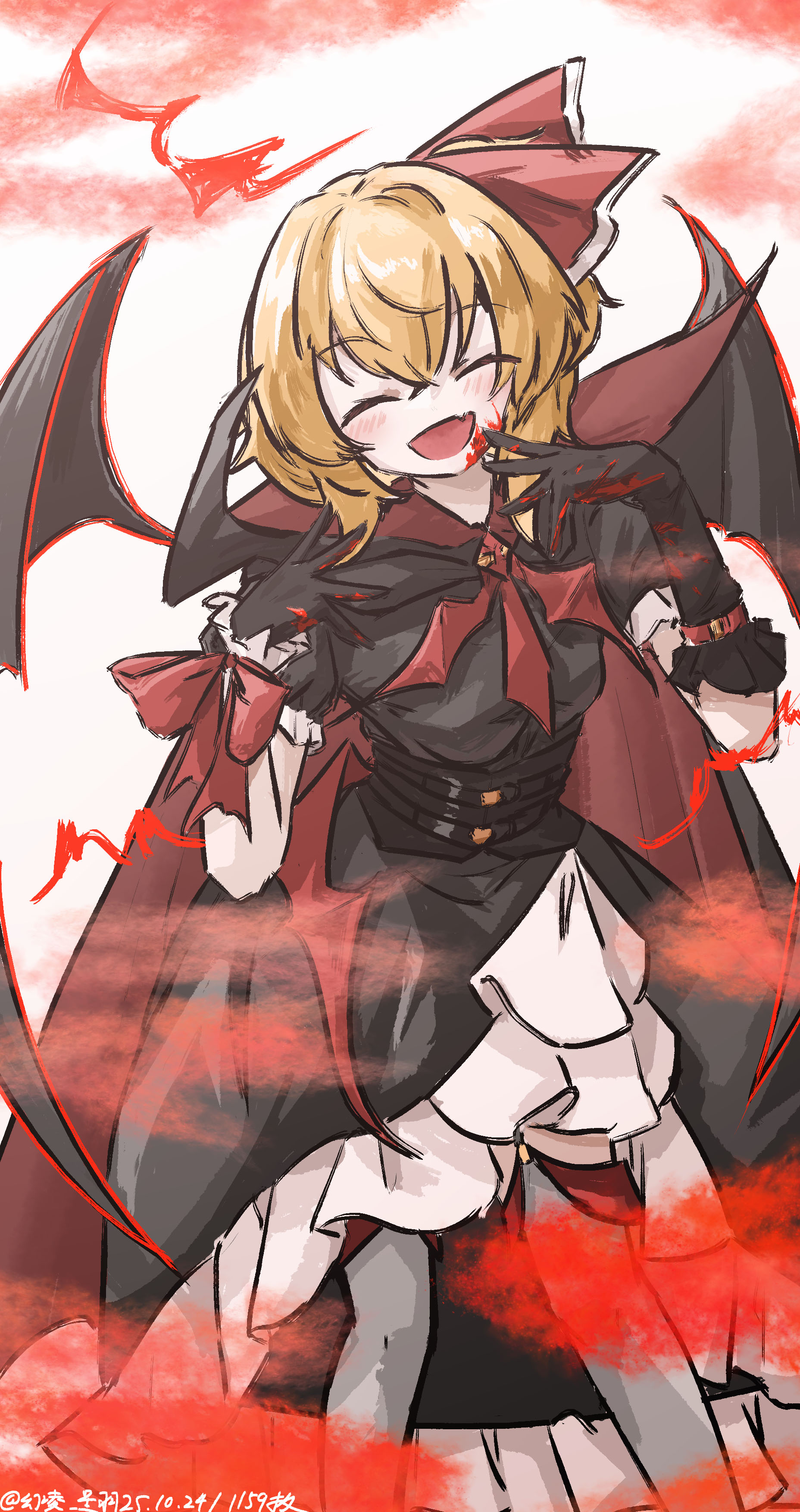 ve1024, rumia, touhou, absurdres, commentary request, highres, 1girl, alternate costume, artist name, bat wings, black cape, black dress, black gloves, blonde hair, blood, blood on face, blood on gloves, blush, cape, dated, dress, facing viewer, fang, gloves, grey pantyhose, hair ribbon, one-hour drawing challenge, open mouth, pantyhose, red cape, red ribbon, ribbon, short sleeves, skin fang, smile, solo, two-sided cape, two-sided fabric, vampire, wings