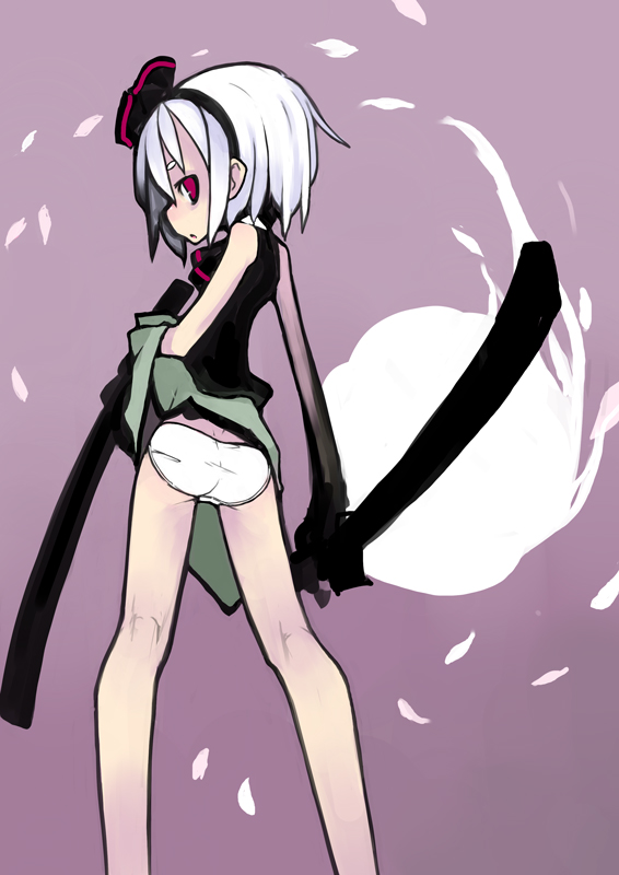 kimura akiyoshi, konpaku youmu, konpaku youmu (ghost), touhou, silver hair, bad id, bad pixiv id, 1girl, clothes lift, female focus, from behind, ghost, hitodama, looking back, panties, red eyes, short hair, skirt, skirt lift, solo, sword, underwear, upskirt, weapon