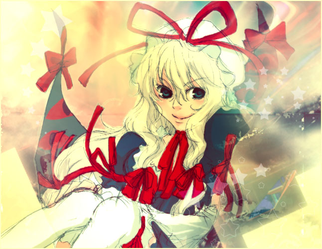 bobusan, yakumo yukari, touhou, bad id, bad pixiv id, 1girl, blonde hair, female focus, gap (touhou), gradient background, hat, long hair, ribbon, solo, upper body
