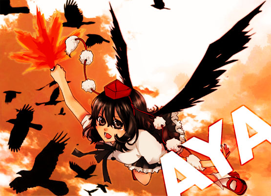 bobusan, shameimaru aya, touhou, bad id, bad pixiv id, 1girl, bird, black wings, female focus, flying, geta, hand fan, hat, looking at viewer, open mouth, short hair, smile, solo, tengu-geta, tokin hat, wings