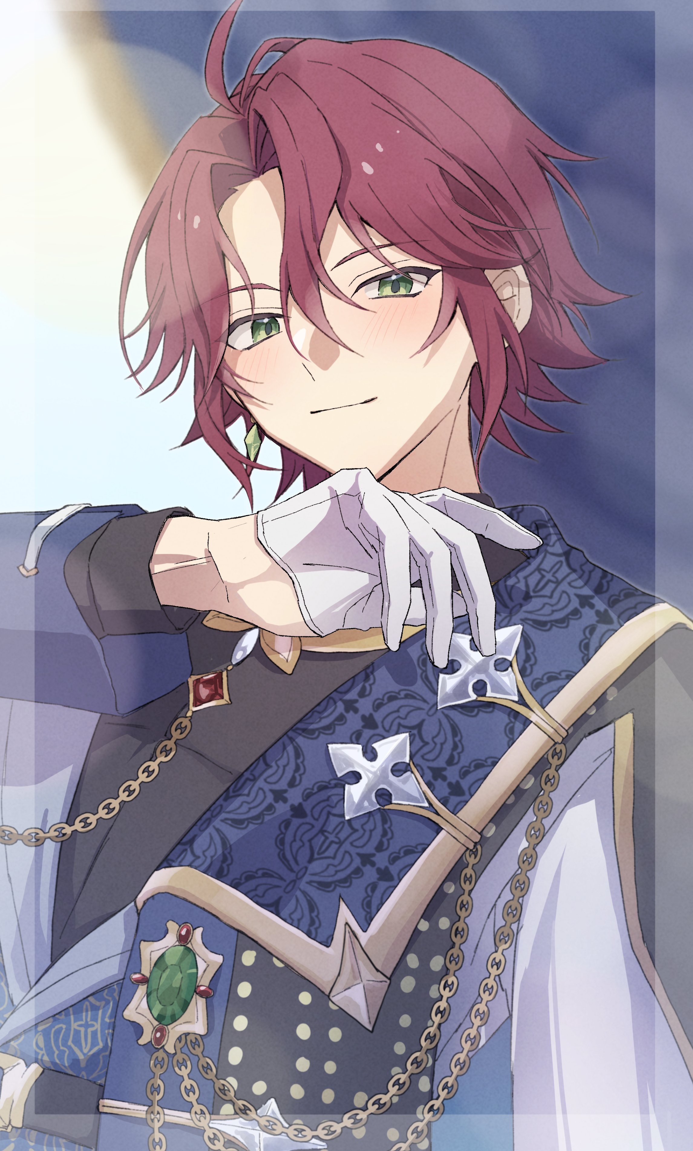 reijiro, isara mao, ensemble stars!, absurdres, commentary request, highres, 1boy, chain, closed mouth, earrings, gem, gloves, green eyes, green gemstone, half gloves, hand up, jewelry, long sleeves, looking at viewer, male focus, official alternate costume, official alternate hairstyle, purple hair, short hair, smile, solo, upper body, white gloves