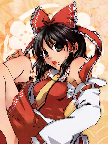 bobusan, hakurei reimu, touhou, bad id, bad pixiv id, 1girl, black eyes, black hair, detached sleeves, female focus, hair ribbon, japanese clothes, miko, necktie, ribbon, solo