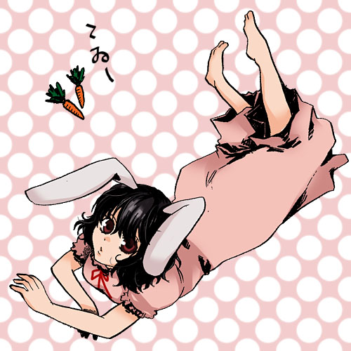 bobusan, inaba tewi, touhou, bad id, bad pixiv id, lowres, 1girl, animal ears, barefoot, black hair, carrot, feet, female focus, full body, lying, on stomach, rabbit ears, short hair, solo