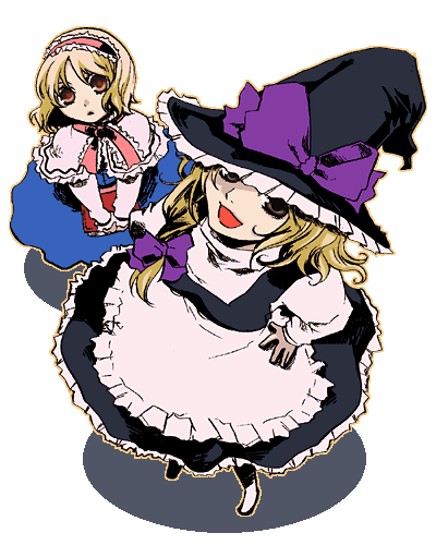 bobusan, alice margatroid, kirisame marisa, touhou, bad id, bad pixiv id, lowres, 2girls, blonde hair, book, female focus, hair ribbon, hairband, hat, multiple girls, ribbon, short hair, transparent background, witch, witch hat