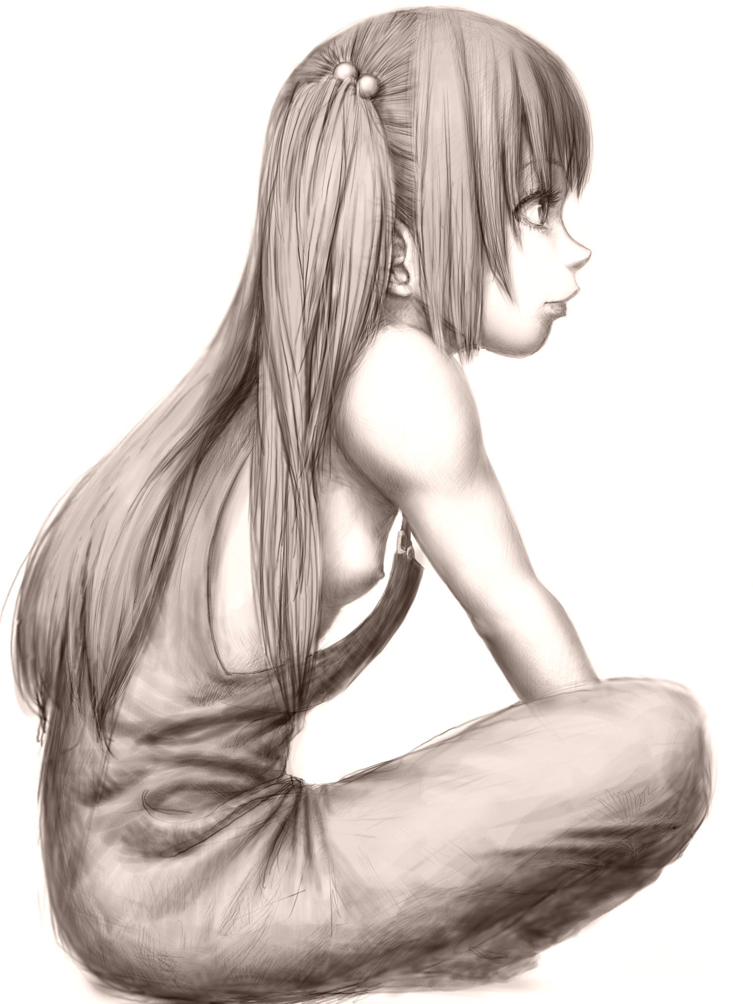 moenai gomi ningen, uchida yuka, minami-ke, eyebrows, bad id, bad pixiv id, highres, 00s, 1girl, bare shoulders, breasts, closed mouth, crossed legs, eyelashes, female focus, from side, hair bobbles, hair ornament, lips, loli, long hair, monochrome, naked overalls, nipple slip, nipples, no bra, nose, overalls, realistic, sideboob, simple background, sitting, small breasts, solo, twintails, two side up, white background