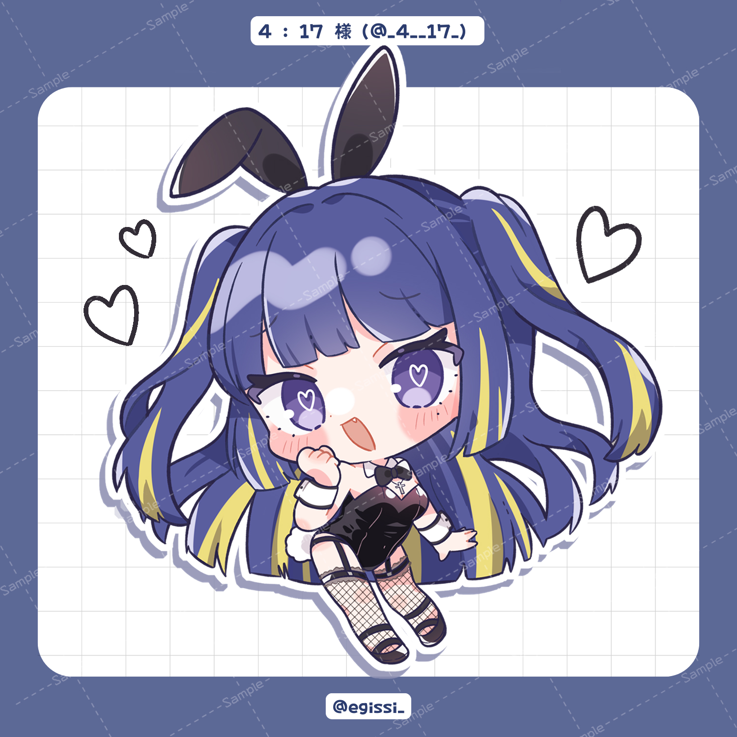 indie virtual youtuber, commentary request, highres, 1girl, 4:17 (vtuber), :d, animal ears, bare shoulders, black bow, black bowtie, black leotard, black shoes, black thighhighs, blonde hair, blunt bangs, blush stickers, bow, bowtie, breasts, character name, chibi, chibi only, cleavage, cross, cross necklace, detached collar, egissi, fang, fishnet thighhighs, fishnets, full body, garter straps, grid background, hand up, heart, heart-shaped pupils, jewelry, leotard, long hair, multicolored hair, necklace, open mouth, playboy bunny, purple eyes, purple hair, rabbit ears, rabbit tail, sample watermark, shoes, smile, solo, standing, strapless, strapless leotard, streaked hair, symbol-shaped pupils, tail, thighhighs, twitter username, two-tone hair, virtual youtuber, watermark, watermark grid, white background