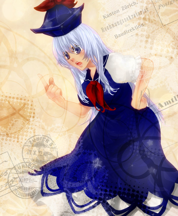 bobusan, kamishirasawa keine, touhou, bad id, bad pixiv id, 1girl, blue eyes, blue hair, female focus, hat, long hair, solo, standing