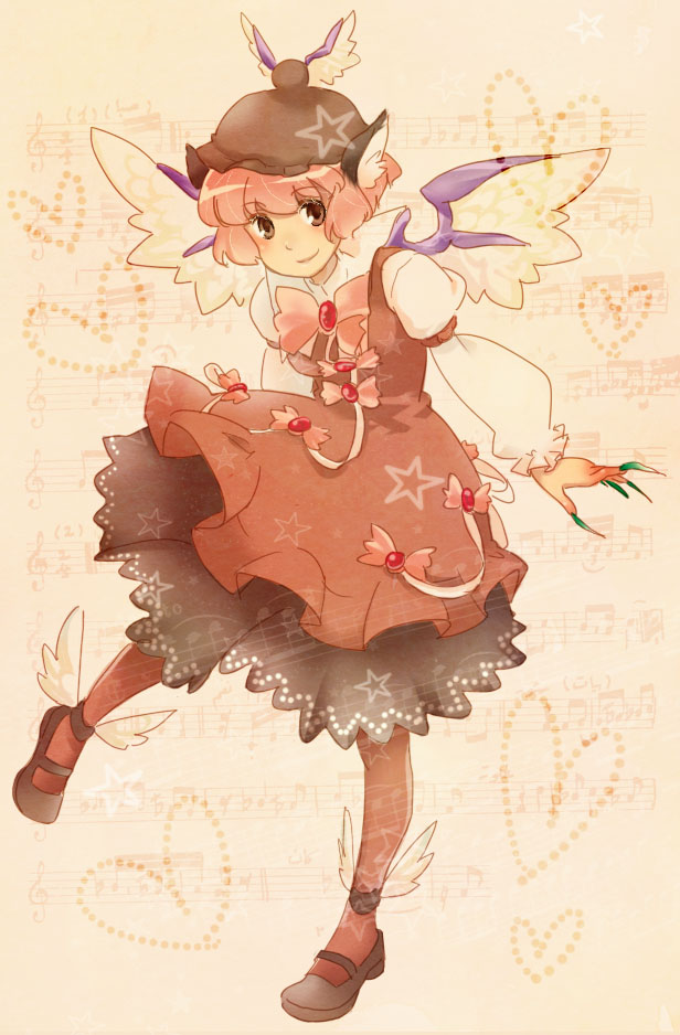bobusan, mitsumoto jouji, mystia lorelei, touhou, bad id, bad pixiv id, 1girl, animal ears, female focus, fingernails, full body, hat, nail (hardware), pantyhose, pink hair, short hair, solo, wings