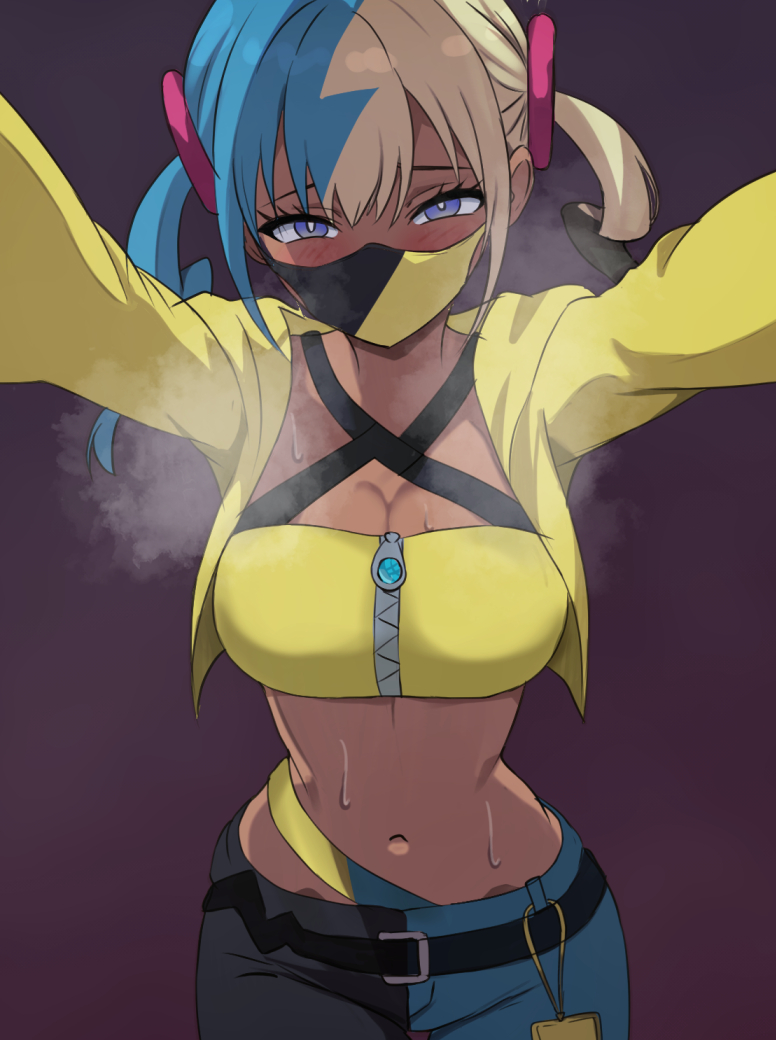 ingxerl, canari (pokemon), nintendo, pokemon, pokemon legends: z-a, 1girl, arms up, belt, black belt, black pants, blonde hair, blue eyes, blue hair, blue pants, blush, breasts, cleavage, crop top, cropped jacket, dark-skinned female, dark skin, jacket, large breasts, looking at viewer, mask, midriff, mouth mask, multicolored hair, navel, open clothes, open jacket, pants, purple background, simple background, solo, split-color hair, stomach, sweat, twintails, two-tone hair, two-tone pants, yellow jacket, zipper pull tab