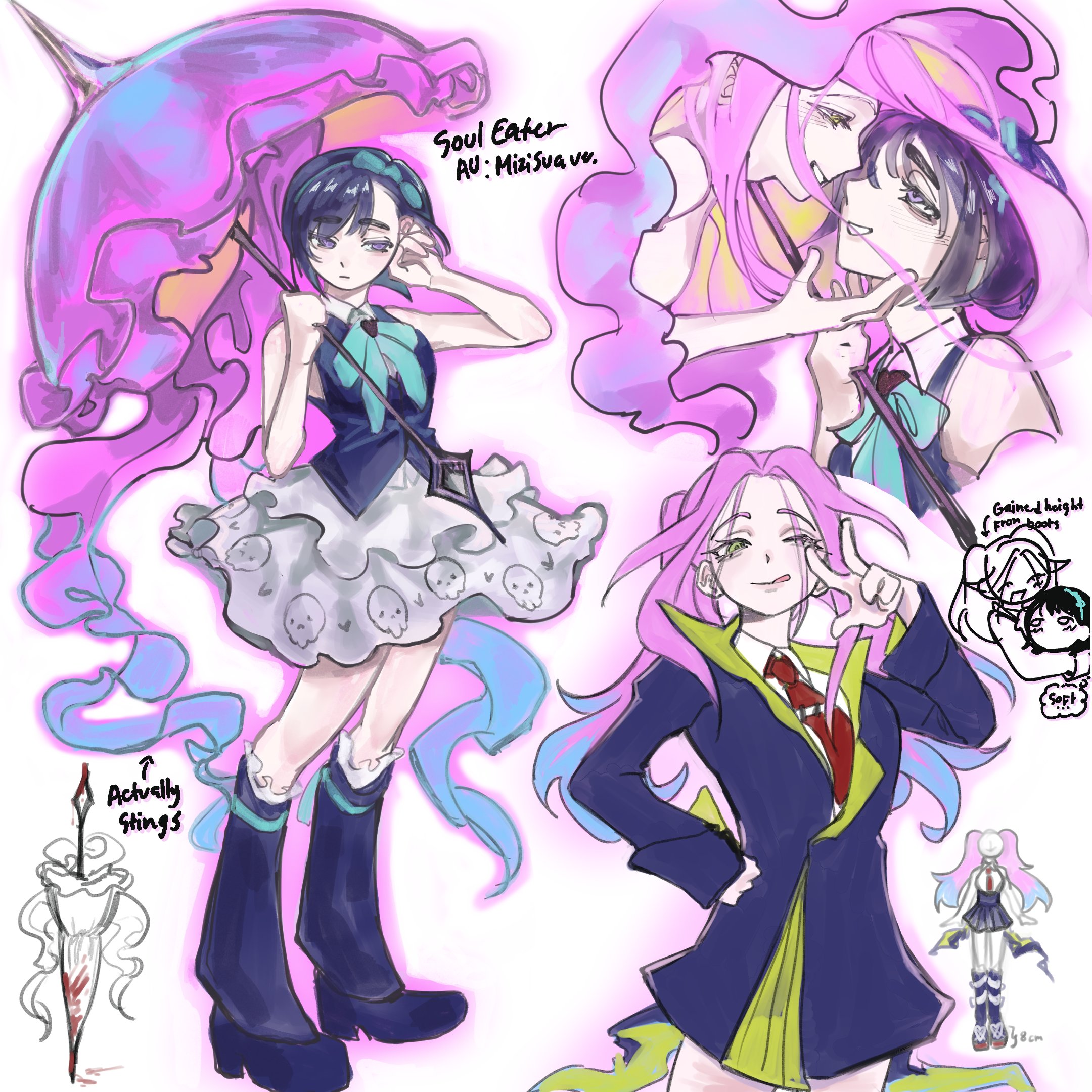 mizi (alien stage), sua (alien stage), alien stage, soul eater, commentary, english commentary, highres, 2girls, acliptyc, aqua bow, aqua bowtie, black boots, black jacket, black shirt, blue hair, boots, bow, bowtie, hair bow, hand on another's face, holding, holding umbrella, jacket, knee boots, long hair, multiple girls, necktie, pink hair, pink umbrella, purple eyes, red necktie, shirt, short hair, skirt, sleeveless, sleeveless shirt, tongue, tongue out, umbrella, w, white skirt, yellow eyes, yuri