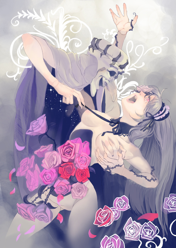 moruga, suigintou, rozen maiden, silver hair, 00s, 1girl, breasts, choker, creepy, doll joints, flower, grabbing another's breast, groping, hairband, horror (theme), joints, long hair, nipples, no midriff, nude, open mouth, pink eyes, plant, rose, tears, vines