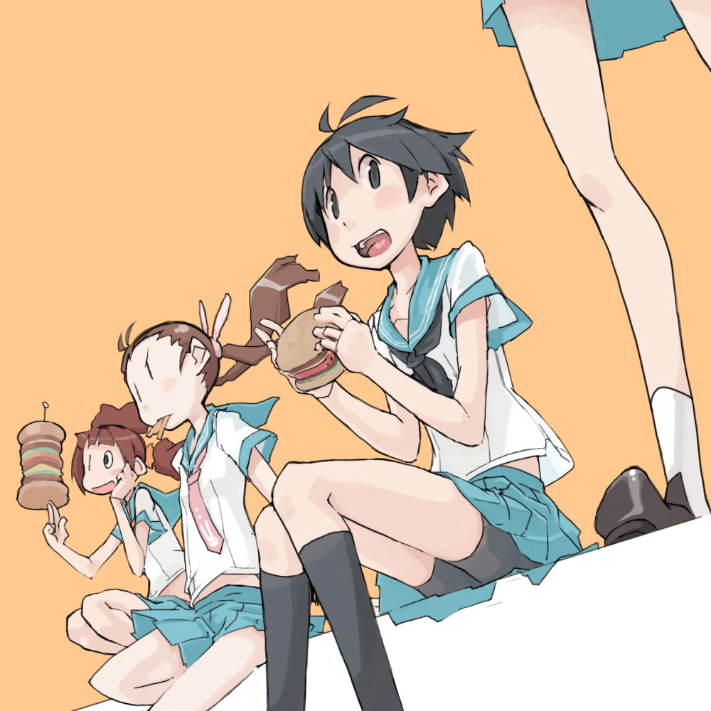 tugeneko, kikuchi makoto, minase iori, takatsuki yayoi, idolmaster, idolmaster (classic), 00s, alternate hairstyle, antenna hair, bike shorts, burger, eating, food, french fries, necktie, pleated skirt, rough time school, school uniform, skirt