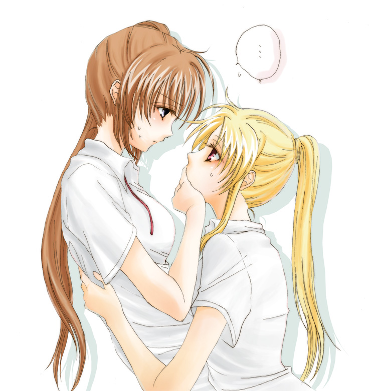 lina (interlude), fate testarossa, takamachi nanoha, lyrical nanoha, mahou shoujo lyrical nanoha, mahou shoujo lyrical nanoha strikers, 00s, 2girls, blonde hair, brown hair, covering another's mouth, hand over another's mouth, hand over mouth, long hair, multiple girls, ponytail, purple eyes, red eyes, school uniform, side ponytail, yuri