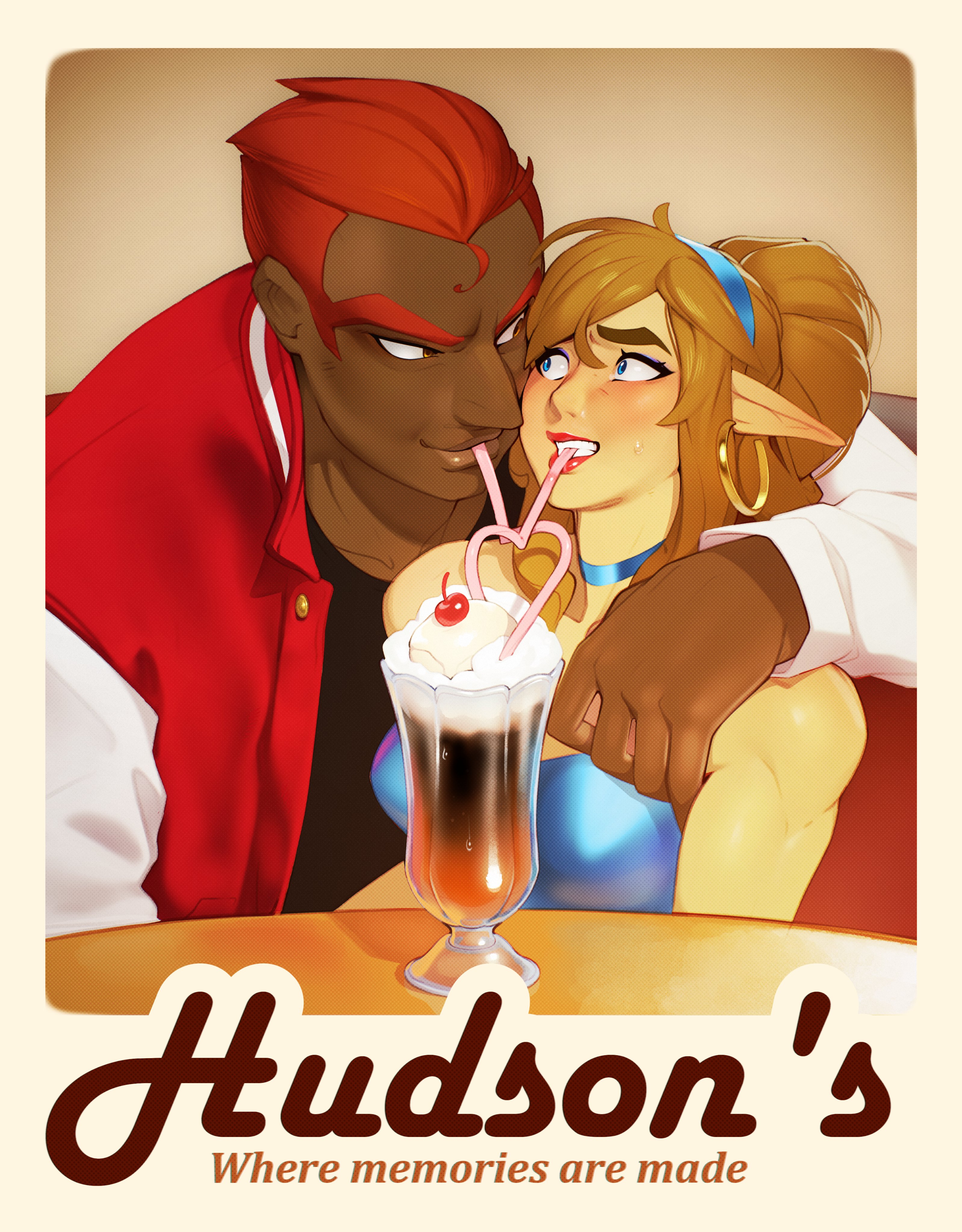 combos & doodles, ganondorf, link, nintendo, the legend of zelda, absurdres, highres, 2boys, aquiline nose, arm around shoulder, ben-day dots, black shirt, blonde hair, blue choker, blue dress, blue eyes, blue eyeshadow, blush, breasts, cherry, choker, crossdressing, crossdressing (mtf), dark-skinned male, dark skin, dress, earrings, english text, eye contact, eyeshadow, food, fruit, gold earrings, grin, hair between eyes, hairband, hoop earrings, ice cream, ice cream float, jacket, jewelry, letterman jacket, long hair, long pointy ears, looking at another, makeup, male focus, multiple boys, nose, orange hair, pointy ears, ponytail, red jacket, red lips, sanpaku, screentones, shared straw, shirt, sleeveless, sleeveless dress, smile, sweat, sweatdrop, thick eyebrows, trap, white sleeves, yaoi, yellow eyes