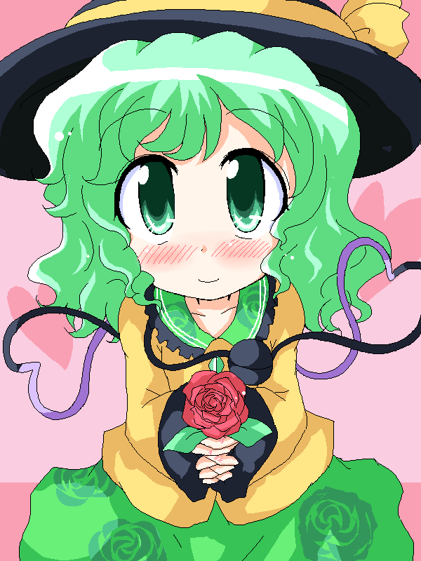 geetsu, komeiji koishi, touhou, 1girl, blush, female focus, flower, green eyes, green hair, hat, matching hair/eyes, plant, rose, skirt, smile, solo