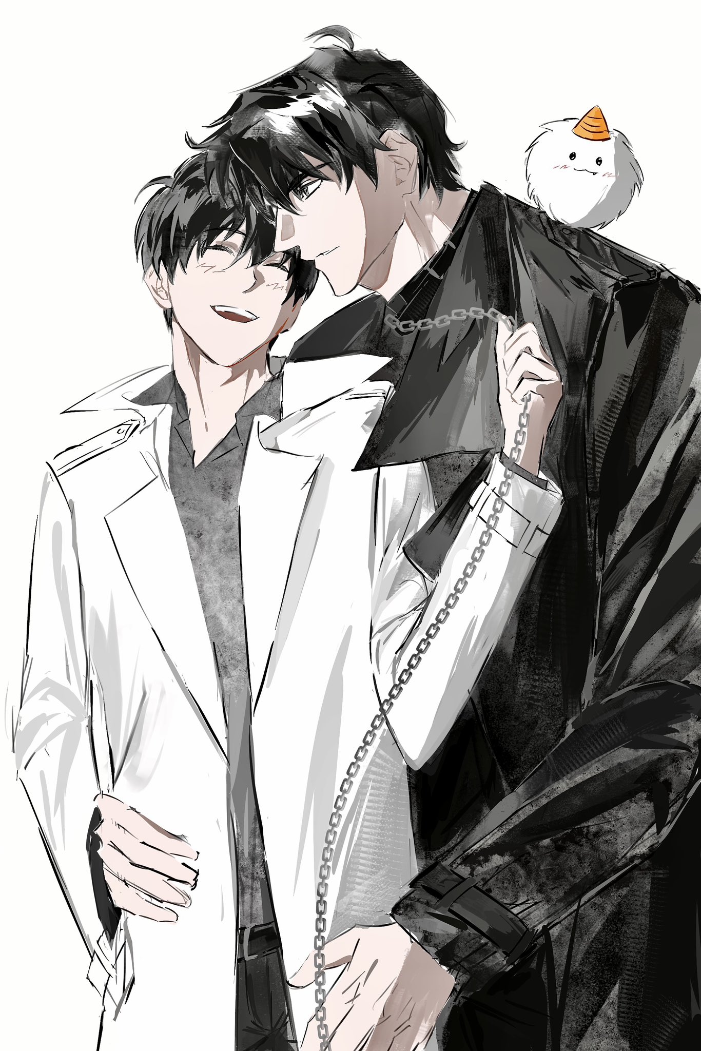 biyoo (omniscient reader's viewpoint), kim dokja, yoo joonghyuk, omniscient reader's viewpoint, commentary, english commentary, highres, 2boys, 8d2suga9, animal, animal on shoulder, belt collar, black coat, black eyes, black hair, black shirt, chain, chain leash, chain pull, chin rest, closed eyes, coat, collar, collared shirt, crew neck, curtained hair, flustered, grin, head on head, head rest, leash, male focus, multiple boys, open clothes, open coat, parted lips, popped collar, serious, shirt, short hair, smile, white coat, yaoi