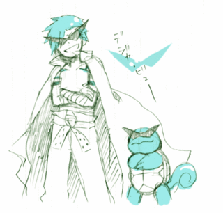 kamina (ttgl), squirtle, nintendo, pokemon, tengen toppa gurren lagann, lowres, 00s, 1boy, blue theme, crossover, gen 1 pokemon, kamina shades, monochrome, pokemon (creature), sketch, sunglasses, triangular eyewear