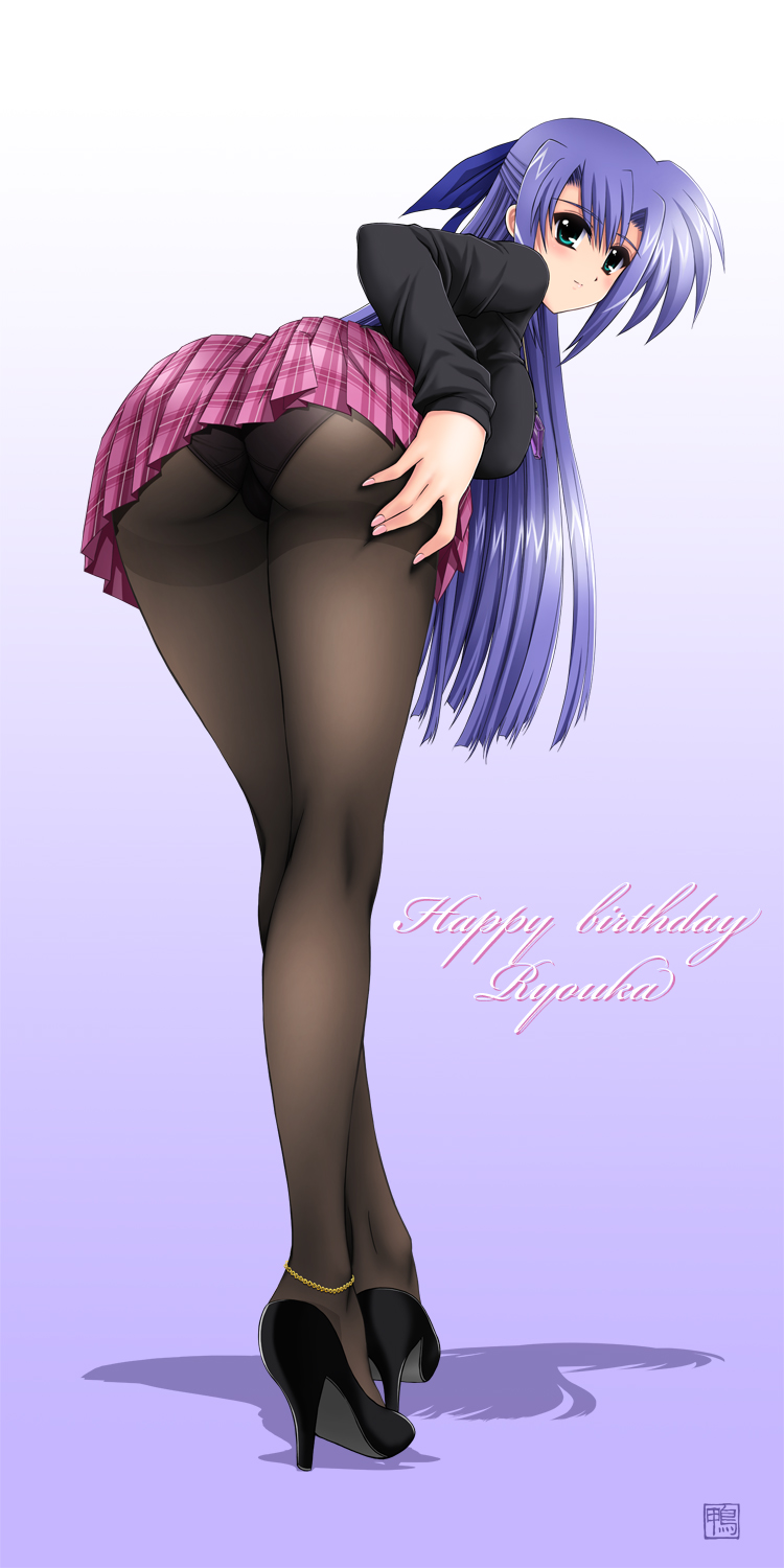 kamogawa tanuki, ginga nakajima, lyrical nanoha, mahou shoujo lyrical nanoha, mahou shoujo lyrical nanoha strikers, highres, 00s, 1girl, anklet, ass, bent over, blue hair, blush, crossed legs, female focus, from behind, green eyes, hair ribbon, high heels, hime cut, jewelry, legs, long hair, long legs, looking back, miniskirt, panties, panties under pantyhose, pantyhose, pantyshot, plaid clothes, plaid skirt, pleated skirt, ribbon, shoes, sidelocks, skirt, smile, solo, standing, thighband pantyhose, underwear, upskirt, watson cross