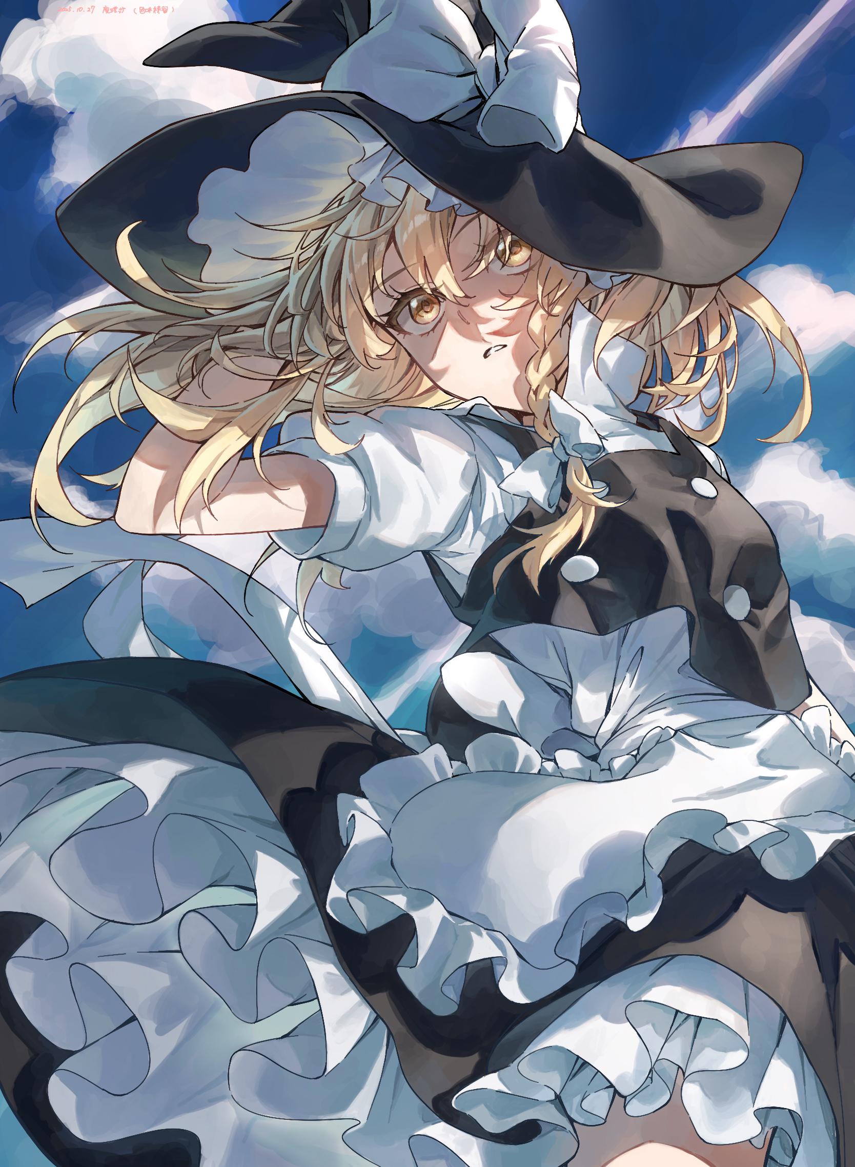 coppepan, kirisame marisa, touhou, highres, 1girl, apron, black hat, black skirt, black vest, blonde hair, blue sky, bow, cloud, cloudy sky, floating hair, hat, hat bow, long hair, parted lips, shirt, short sleeves, skirt, sky, solo, vest, waist apron, white bow, white shirt, witch hat, yellow eyes