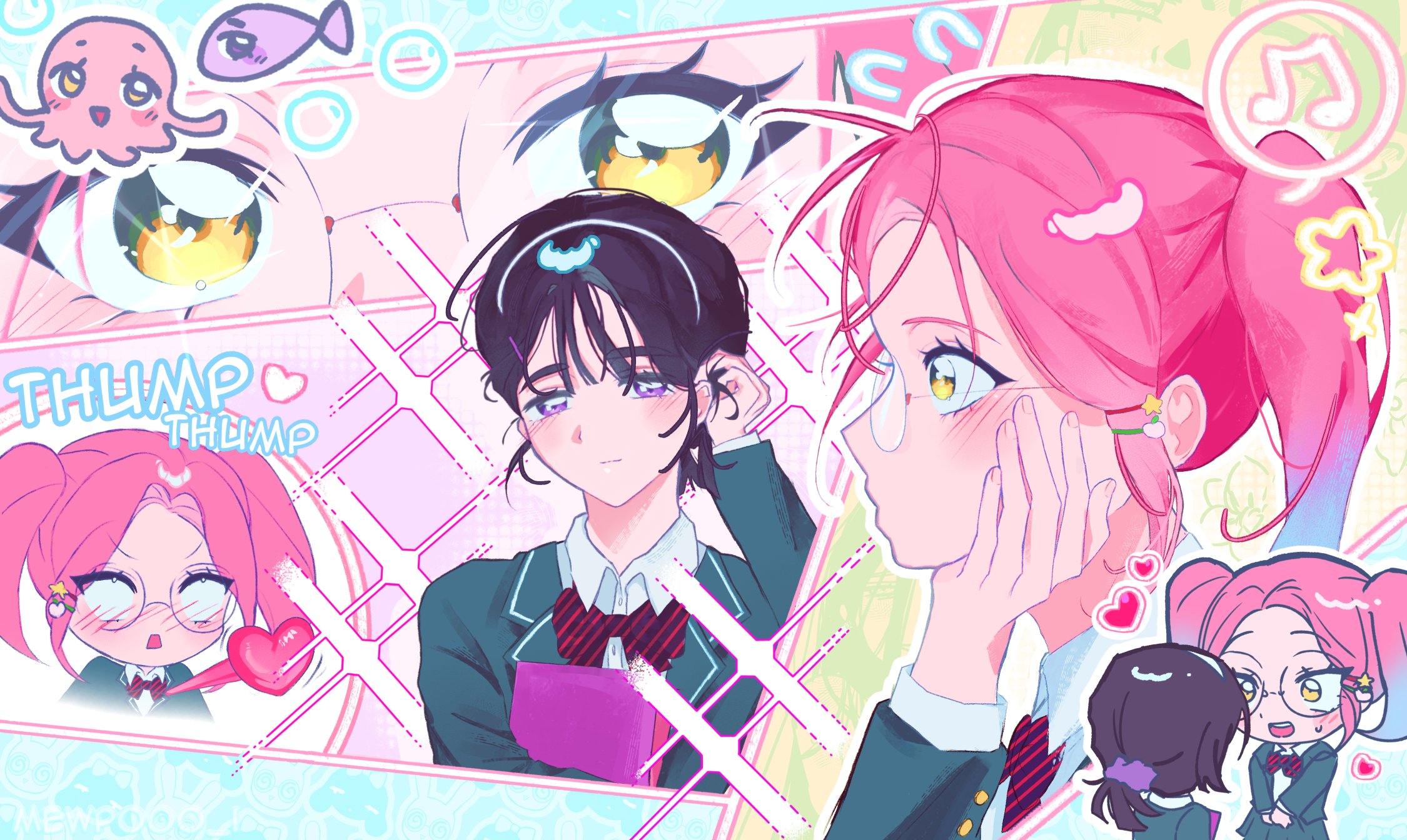mizi (alien stage), sua (alien stage), alien stage, commentary, english commentary, highres, 2girls, beamed eighth notes, black bow, black bowtie, black hair, black jacket, blazer, blush, bow, bowtie, diagonal-striped bow, diagonal-striped bowtie, diagonal-striped clothes, food-themed hair ornament, glasses, hair ornament, hair scrunchie, hairband, heart, heartbeat, jacket, mewpooo ii, multiple girls, musical note, official alternate costume, peach hair ornament, pink hair, ponytail, purple eyes, purple scrunchie, round teeth, school uniform, scrunchie, short ponytail, spoken musical note, star (symbol), star hair ornament, striped bow, striped bowtie, striped clothes, teeth, twintails, white hairband, yellow eyes