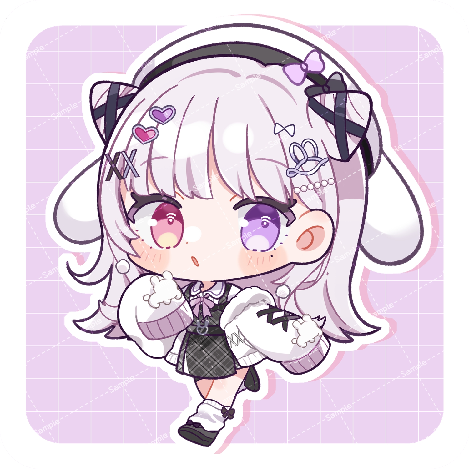 specialite (company), commentary, commission, highres, skeb commission, 1girl, :o, animal ears, black dress, black shoes, blush stickers, border, bow, bow legwear, bowtie, chibi, chibi only, chinen seira, cone hair bun, dot nose, double bun, dress, drop shadow, egissi, floppy ears, full body, grid background, hair bun, hair ornament, hat, heart, heart hair ornament, heterochromia, jacket, long sleeves, looking at viewer, loose socks, open clothes, open jacket, open mouth, outline, pink bow, pink bowtie, plaid clothes, plaid dress, purple eyes, rabbit ears, red eyes, ribbed socks, sample watermark, shoes, sleeves past fingers, sleeves past wrists, socks, solo, standing, standing on one leg, virtual youtuber, watermark, watermark grid, white border, white hat, white jacket, white outline, white socks