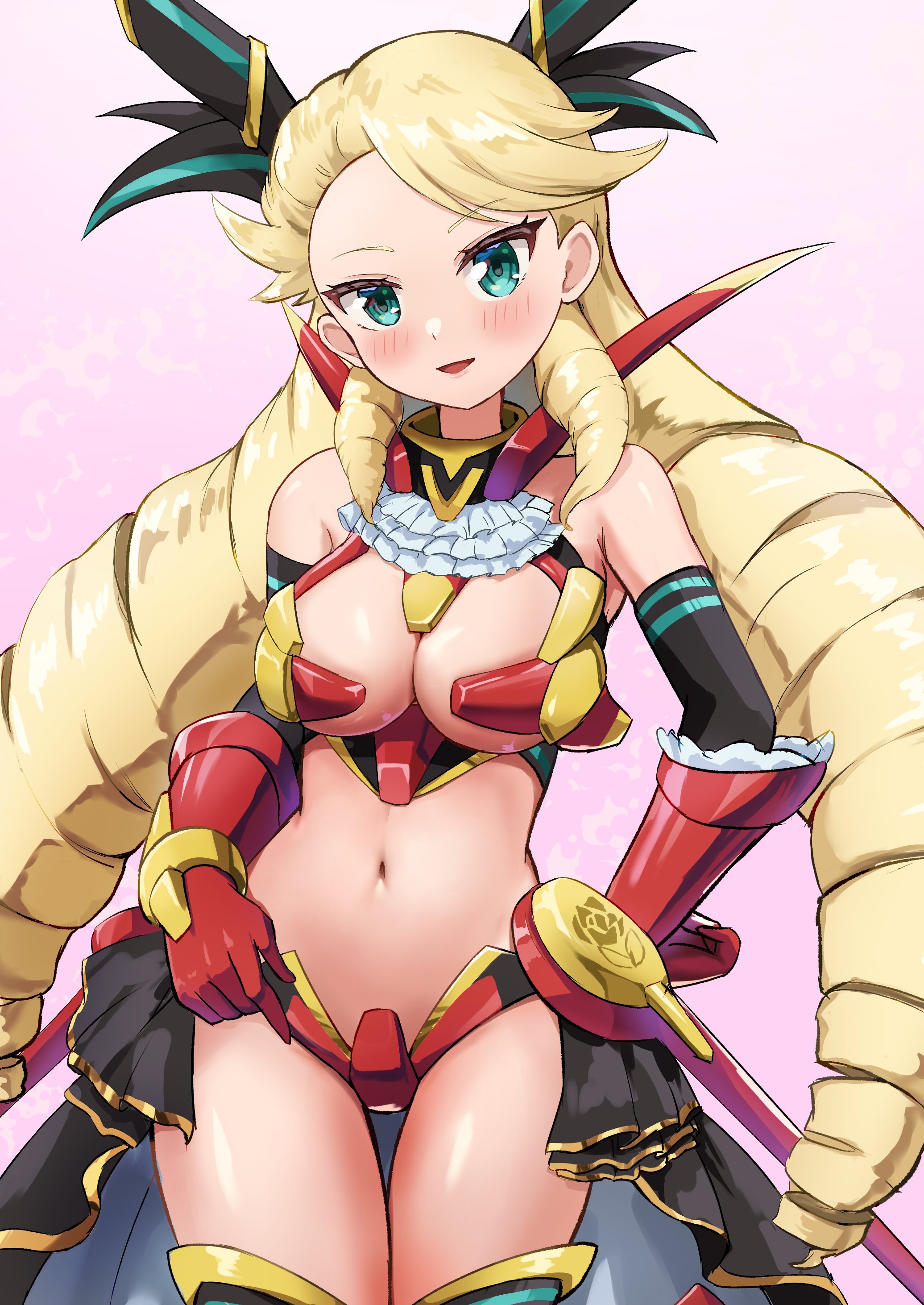 isazawa, nyanko daisensou, tagme, 1girl, blonde hair, looking at viewer, myrcia (nyanko daisensou), navel, simple background