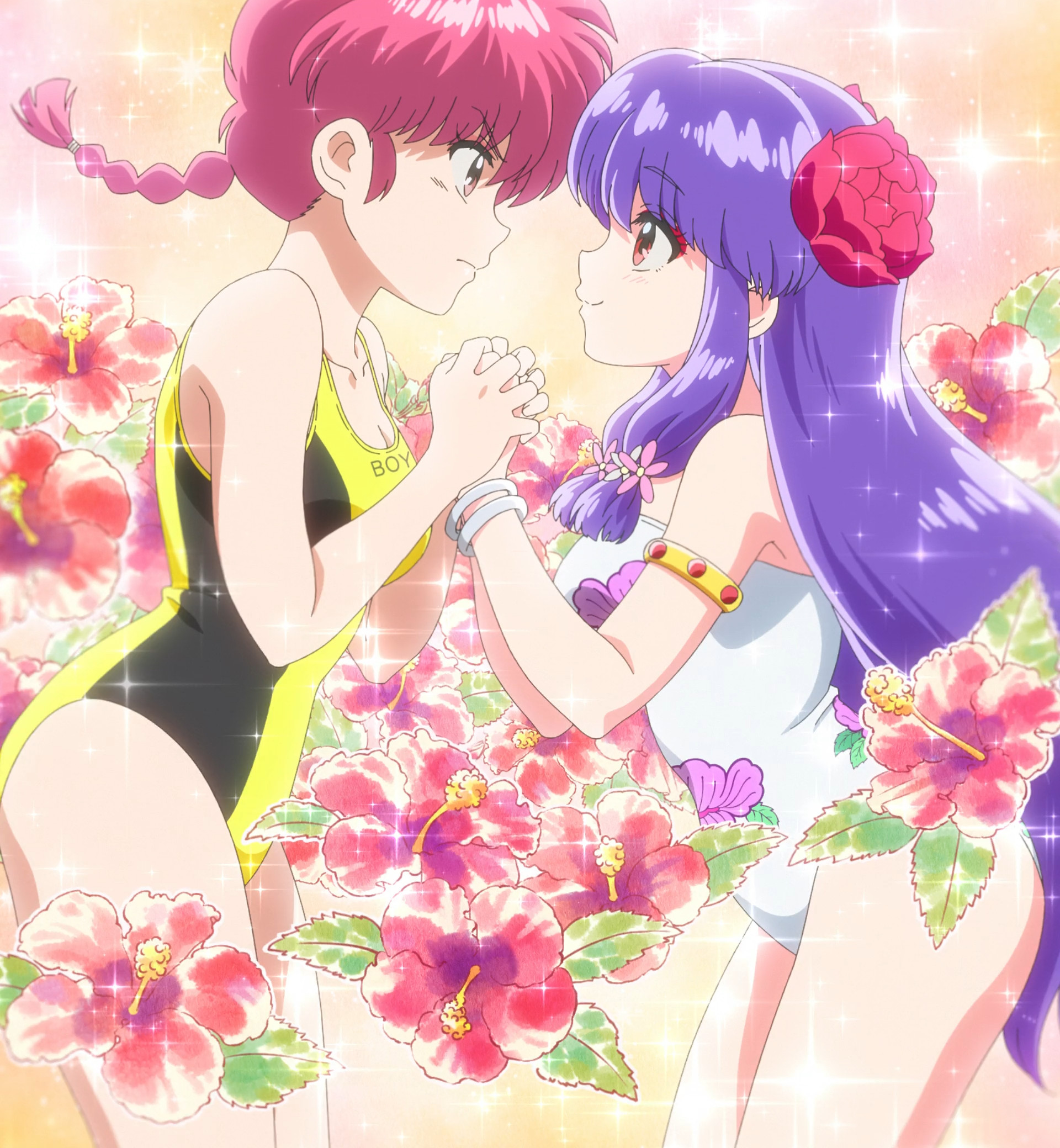 ranma-chan, saotome ranma, shampoo (ranma 1/2), ranma 1/2, anime screenshot, tagme, third-party edit, 2girls, breasts, flower, hair ornament, holding hands, long hair, medium breasts, multiple girls, pink hair, purple eyes, red eyes