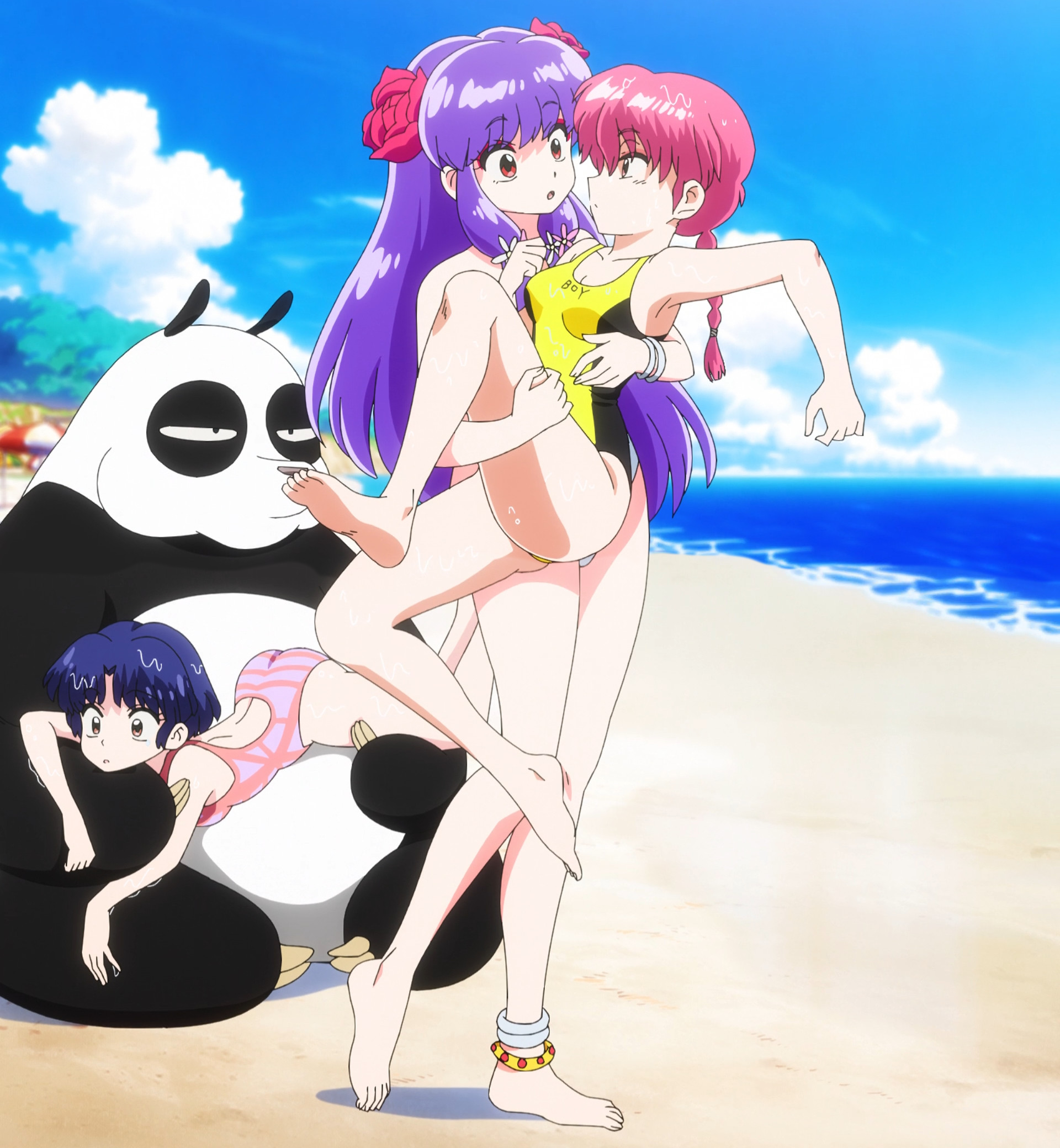 saotome genma (panda), saotome ranma, shampoo (ranma 1/2), tendou akane, ranma 1/2, anime screenshot, tagme, 3girls, beach, blue hair, braid, braided ponytail, brown eyes, feet, long hair, multiple girls, pink hair, purple hair, red eyes, short hair, swimsuit