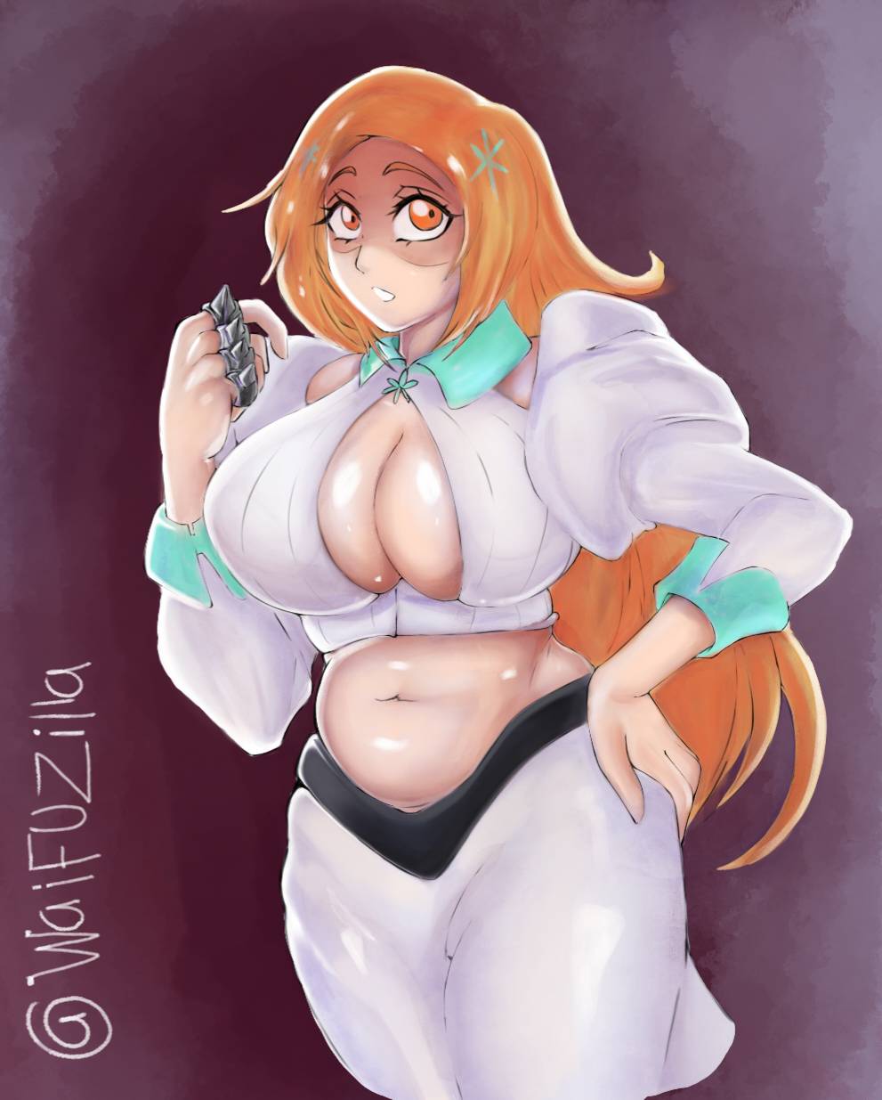 inoue orihime, bleach, bleach: sennen kessen-hen, highres, tagme, 1girl, breasts, cleavage, cleavage cutout, clothing cutout, hair ornament, large breasts, long hair, midriff, orange eyes, orange hair
