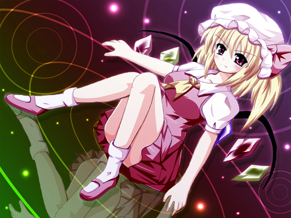 nekoman (artist), flandre scarlet, embodiment of scarlet devil, touhou, bad id, bad pixiv id, 1girl, bare legs, blonde hair, blush, dress, fang, female focus, hat, hat ribbon, pink eyes, ponytail, red eyes, ribbon, shoes, short hair, side ponytail, sitting, skirt, socks, solo, wings