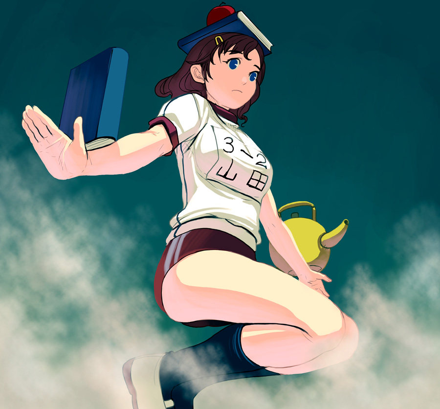 kouno (masao), original, bad id, bad pixiv id, 1girl, apple, balancing, black socks, blue eyes, book, book on head, breasts, brown hair, buruma, female focus, food, foreshortening, fruit, gym uniform, hair ornament, hairclip, kettle, object on head, shoes, socks, solo, white shoes, wrists extended