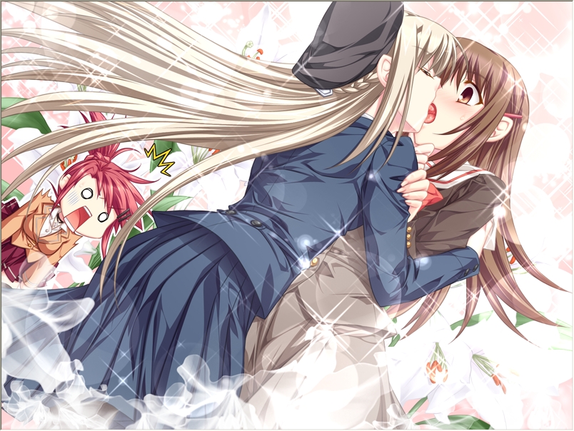 saeki hokuto, hanagusuku atori, minamoto rui, wakutsu tomo, rui wa tomo wo yobu, 1boy, 2girls, ^^^, blonde hair, blue skirt, brown eyes, brown hair, buttons, crossdressing, flower, french kiss, hairclip, hetero, kiss, long hair, long sleeves, multiple girls, o o, pleated skirt, red hair, red skirt, school uniform, skirt, sparkle, surprised, trap, very long hair