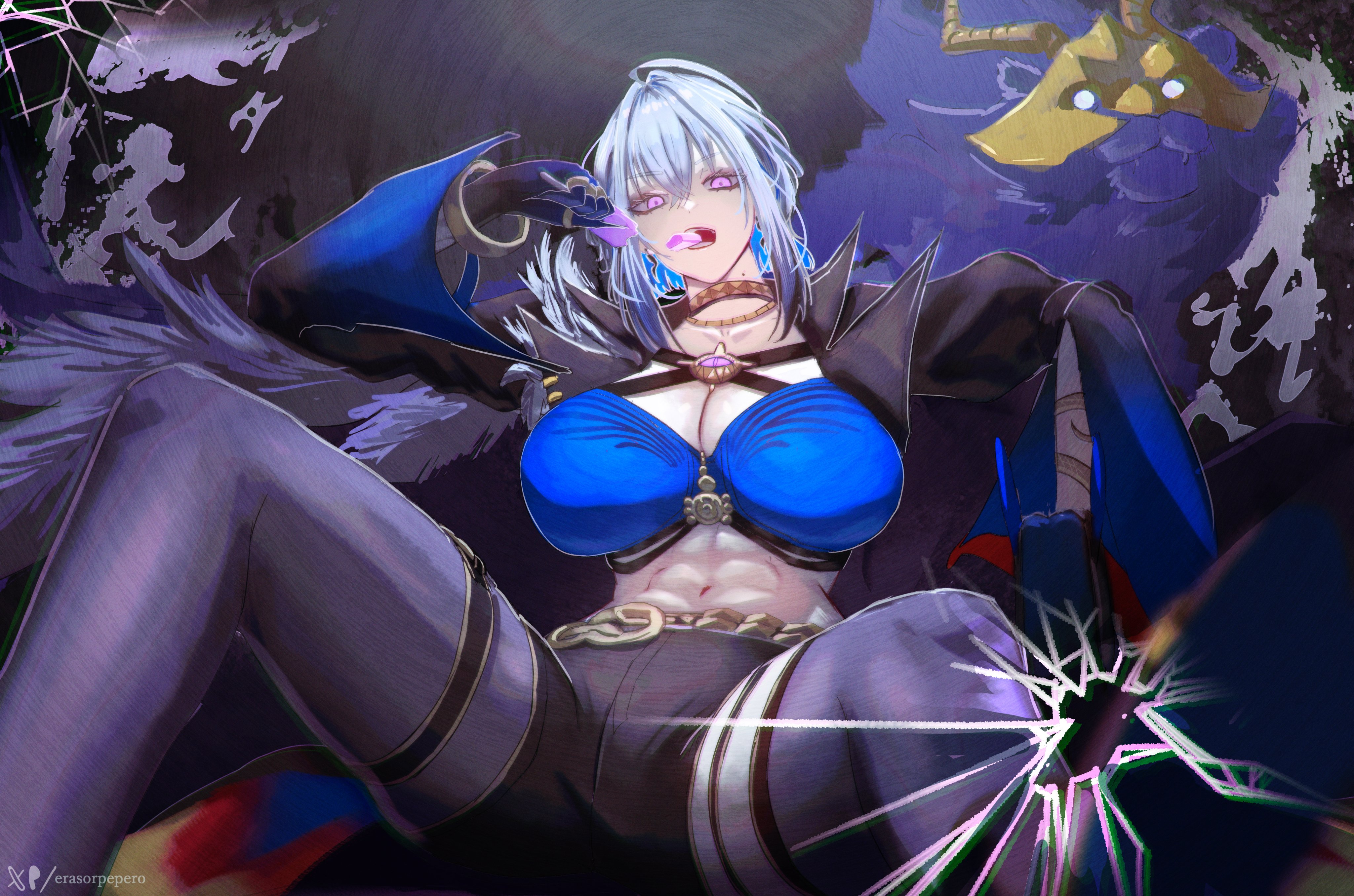 erasorpepero, galbrena (wuthering waves), wuthering waves, absurdres, highres, tagme, 1girl, abs, breasts, large breasts, looking at viewer, navel, shorts