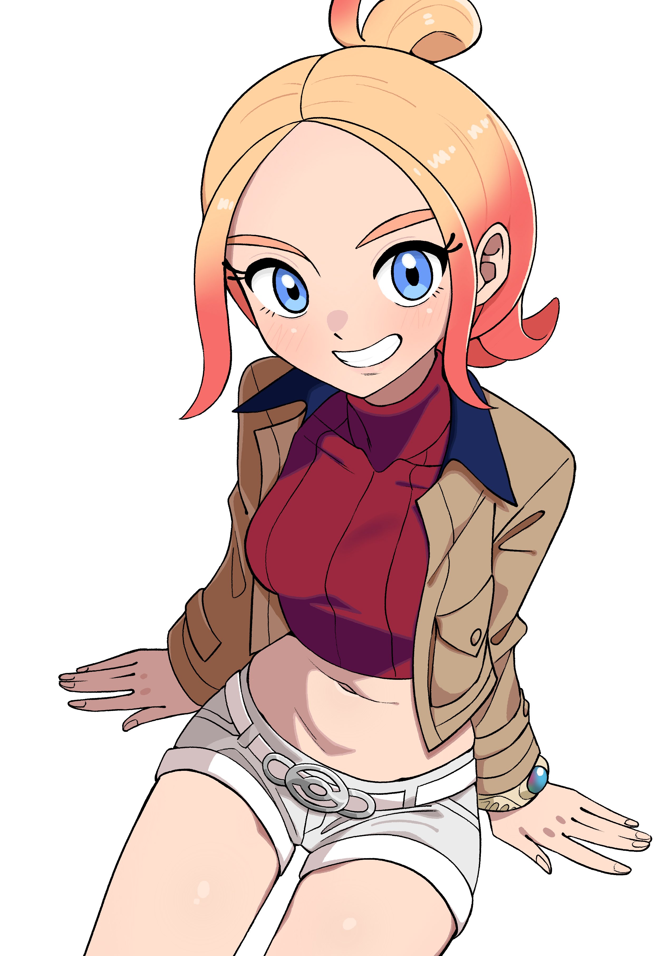 n k m, taunie (pokemon), nintendo, pokemon, pokemon legends: z-a, absurdres, highres, 1girl, blonde hair, blue eyes, blush, breasts, brown jacket, crop top, cropped shirt, gradient hair, hair bun, jacket, long sleeves, looking at viewer, mega ring, midriff, multicolored hair, navel, open clothes, open jacket, open mouth, pink hair, red shirt, ribbed shirt, shirt, shorts, simple background, smile, solo, teeth, turtleneck, turtleneck shirt, white background, white shorts