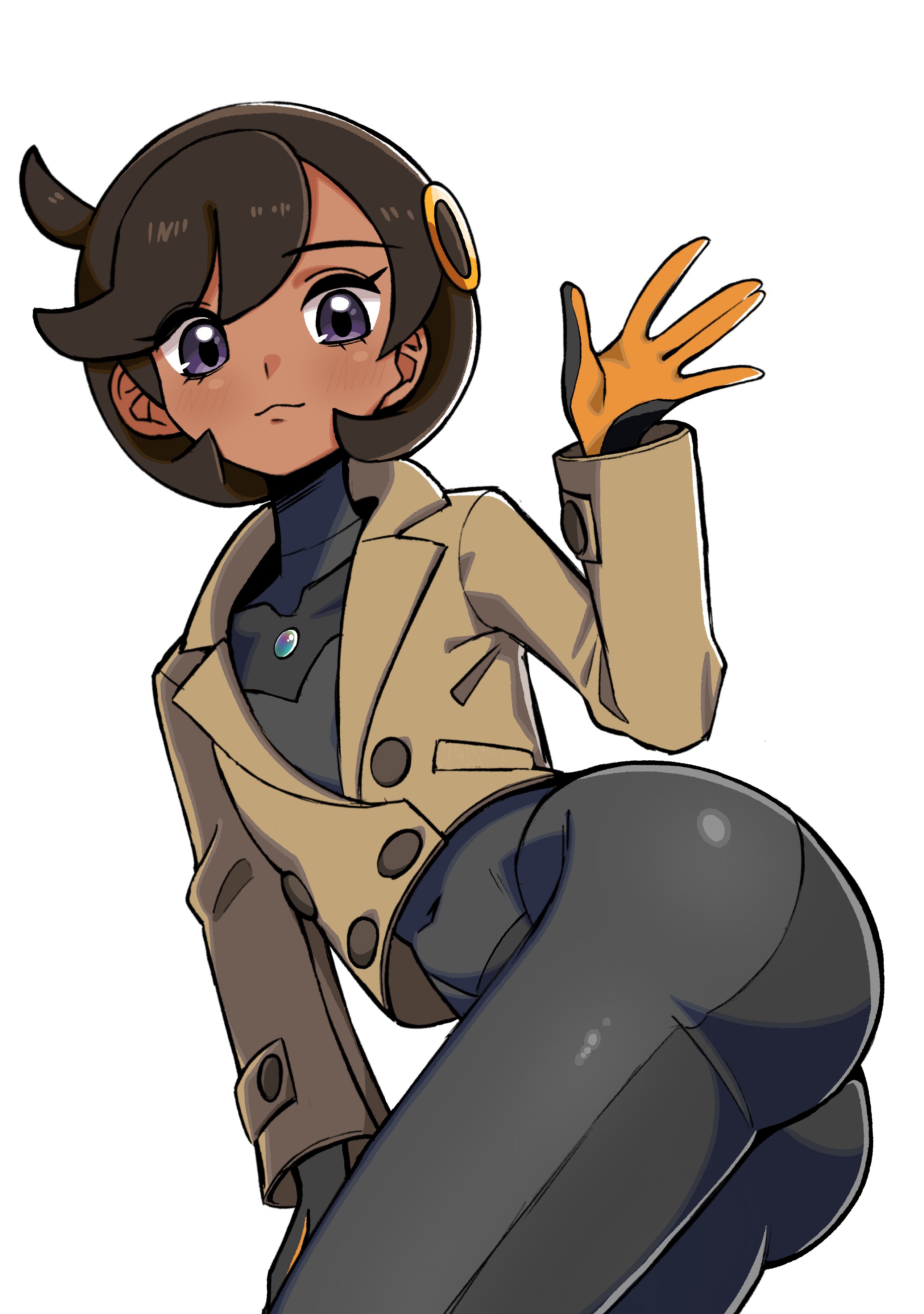 n k m, emma (pokemon), nintendo, pokemon, pokemon legends: z-a, absurdres, highres, 1girl, ass, black bodysuit, black hair, blush, bodysuit, bodysuit under clothes, breasts, brown jacket, closed mouth, dark-skinned female, dark skin, gloves, hair ornament, jacket, latex, latex bodysuit, looking at viewer, mega stone, orange gloves, purple eyes, short hair, simple background, smile, solo, waving, white background