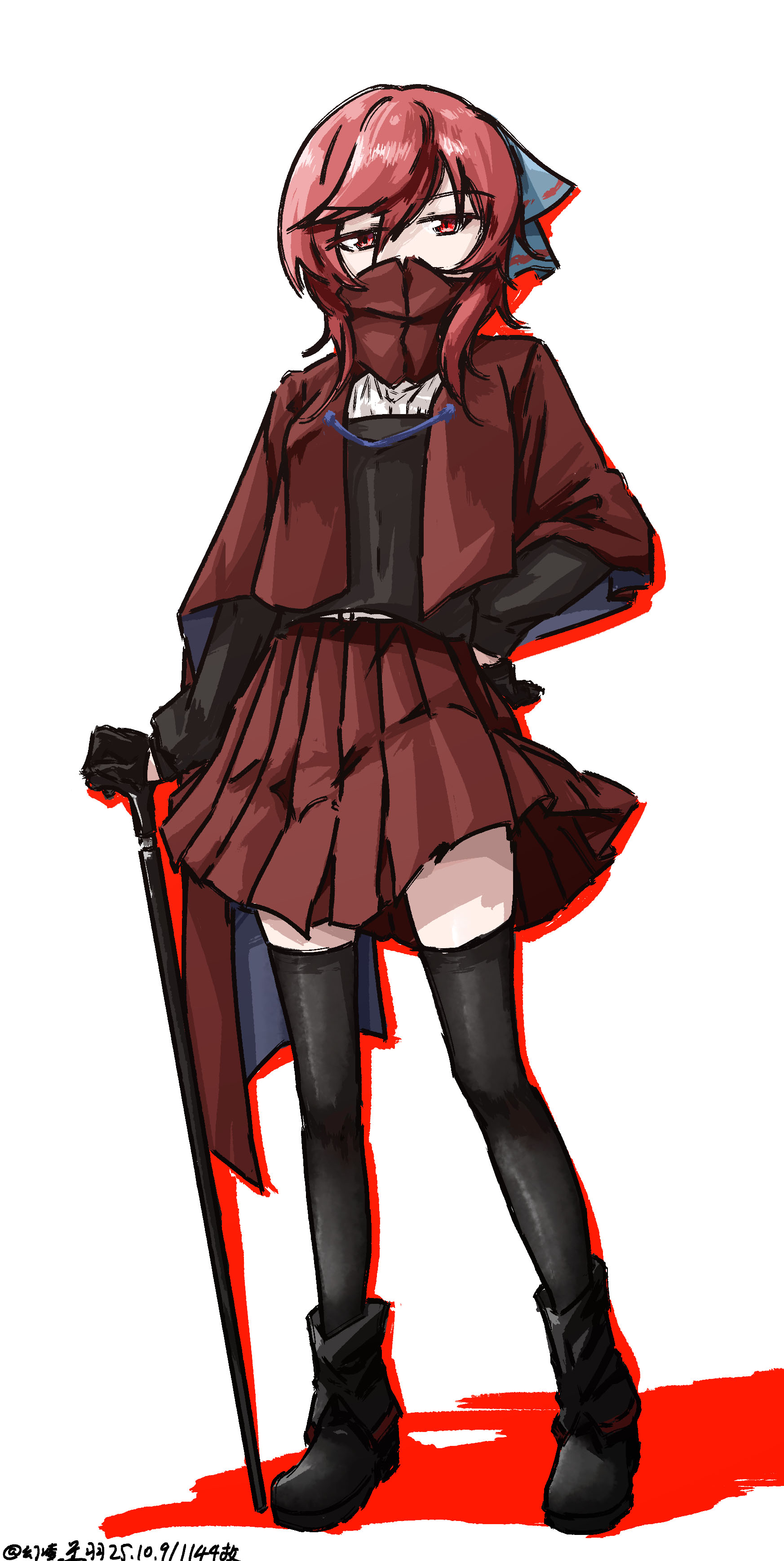 ve1024, sekibanki, touhou, absurdres, chinese commentary, commentary request, highres, mixed-language commentary, 1girl, alternate costume, artist name, black boots, black gloves, black shirt, black thighhighs, blue bow, boots, bow, cane, cape, dated, fold-over boots, full body, gloves, hair bow, hand on own hip, holding, holding cane, jacket, long sleeves, looking at viewer, one-hour drawing challenge, pleated skirt, red cape, red eyes, red hair, red jacket, red skirt, ribbon-trimmed bow, ribbon trim, shirt, skirt, solo, thighhighs, white background
