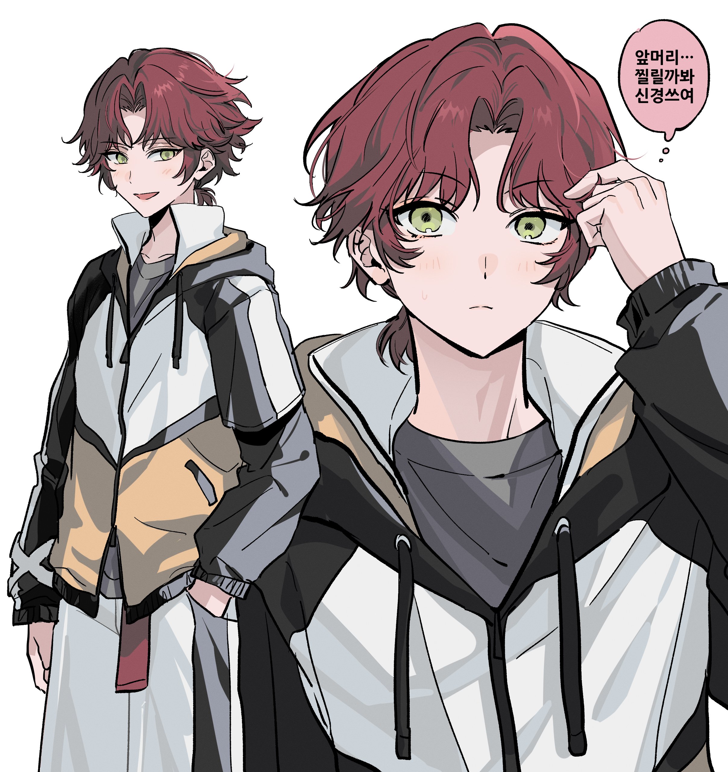 eichi turnr, isara mao, ensemble stars!, absurdres, highres, translation request, 1boy, arm at side, closed mouth, drawstring, facing viewer, green eyes, hand in pocket, hand up, jacket, korean text, long sleeves, looking at viewer, male focus, multiple views, open mouth, ponytail, purple hair, simple background, smile, speech bubble, thought bubble, white background