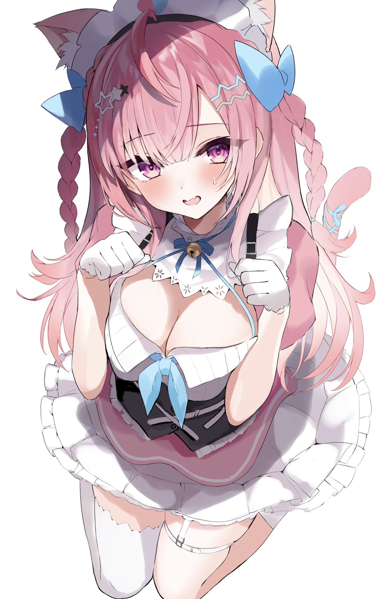 argule0901, yuuki sakuna, indie virtual youtuber, highres, 1girl, animal ears, apron, blue bow, blue hair, bow, breasts, cat ears, cat girl, cleavage, cleavage cutout, clothing cutout, corset, dress, extra ears, frilled dress, frills, garter straps, gloves, hair bow, large breasts, long hair, looking at viewer, maid, maid apron, maid headdress, multicolored hair, open mouth, paw pose, pink dress, pink hair, puffy short sleeves, puffy sleeves, purple eyes, short sleeves, simple background, single garter strap, single thighhigh, solo, streaked hair, thighhighs, two side up, underbust, virtual youtuber, white background, white gloves, white headdress, white wrist cuffs, wrist cuffs, yuuki sakuna (3rd costume)