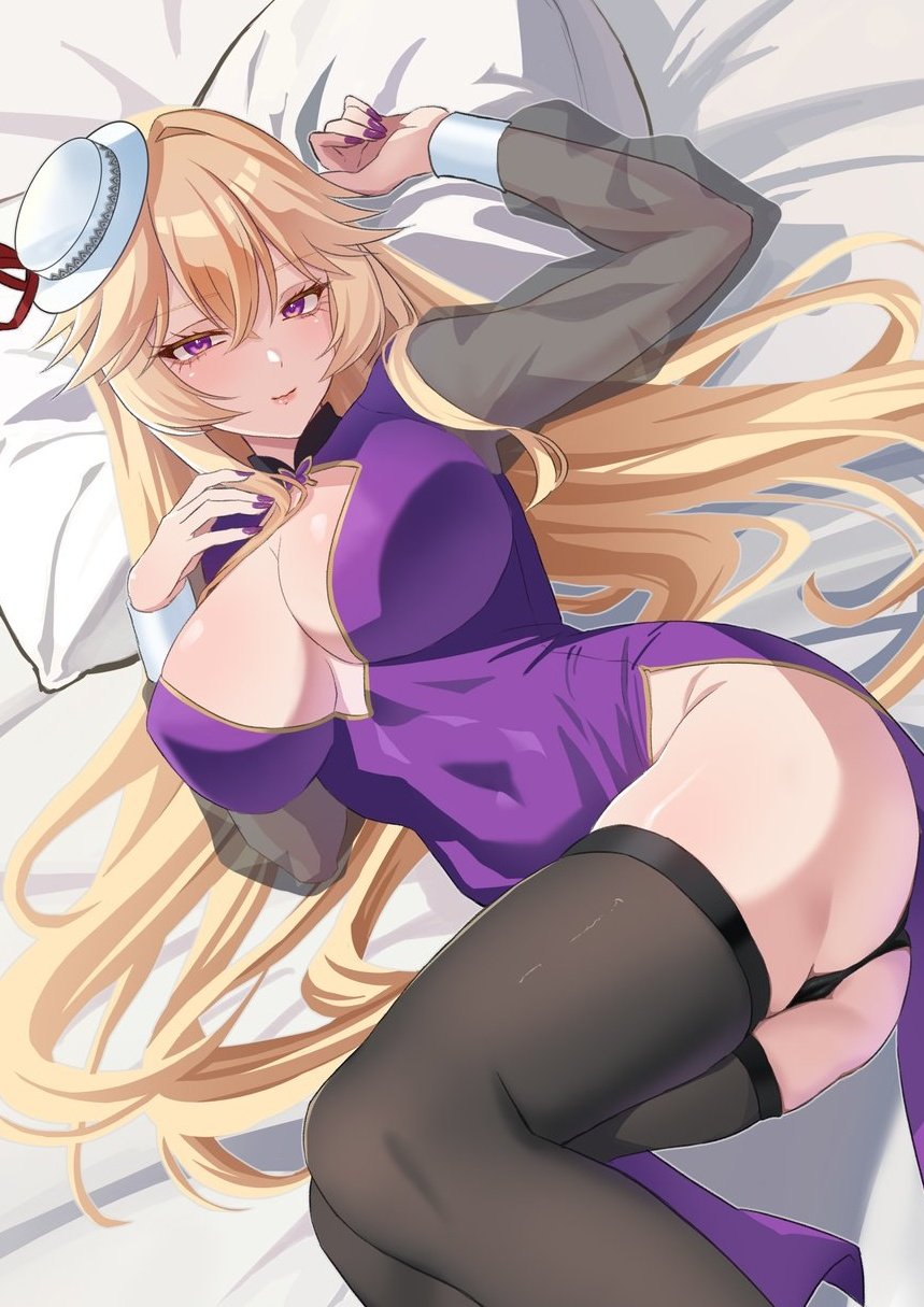 0002koko, yakumo yukari, touhou, commentary request, highres, 1girl, alternate costume, ass, bed sheet, black panties, black thighhighs, blonde hair, breasts, cleavage, cleavage cutout, closed mouth, clothing cutout, covered navel, dress, hair between eyes, hat, large breasts, light smile, long hair, long sleeves, looking at viewer, lying, mini hat, nail polish, on back, panties, pillow, purple dress, purple eyes, purple nails, see-through clothes, see-through sleeves, solo, thighhighs, thighs, underwear