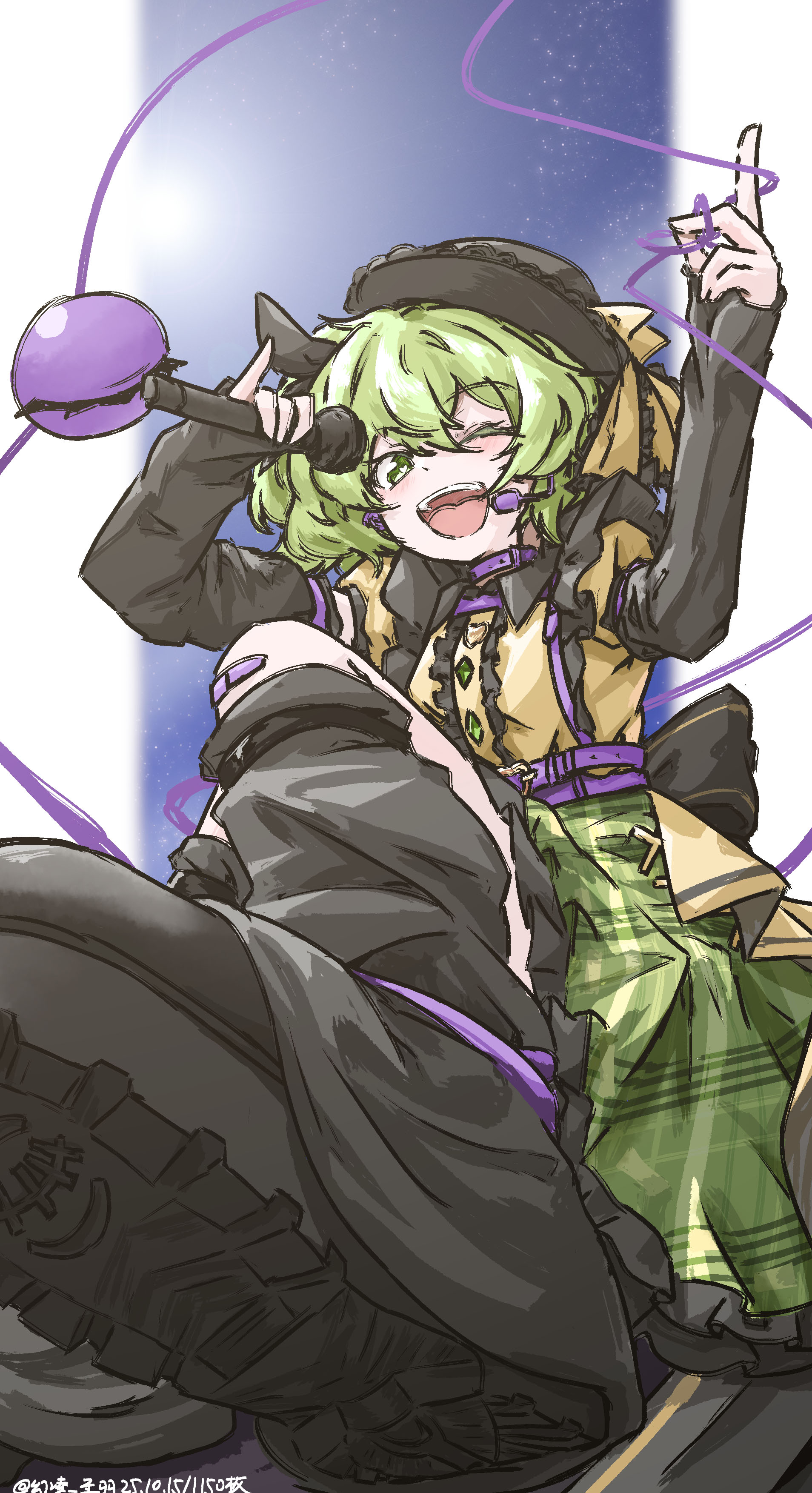 ve1024, komeiji koishi, touhou, touhou hero of ice fairy, absurdres, chinese commentary, commentary request, highres, mixed-language commentary, 1girl, adapted costume, back bow, belt collar, black arm warmers, black bow, black hat, black leg warmers, black shoes, bow, buttons, collar, diamond button, eyeball, frilled skirt, frills, green eyes, green hair, green skirt, hat, headset, heart, heart-shaped pupils, holding, holding microphone, leg warmers, looking at viewer, microphone, music, one-hour drawing challenge, one eye closed, open mouth, puffy short sleeves, puffy sleeves, purple collar, shirt, shoe soles, shoes, short sleeves, singing, skirt, smile, solo, symbol-shaped pupils, third eye, yellow shirt