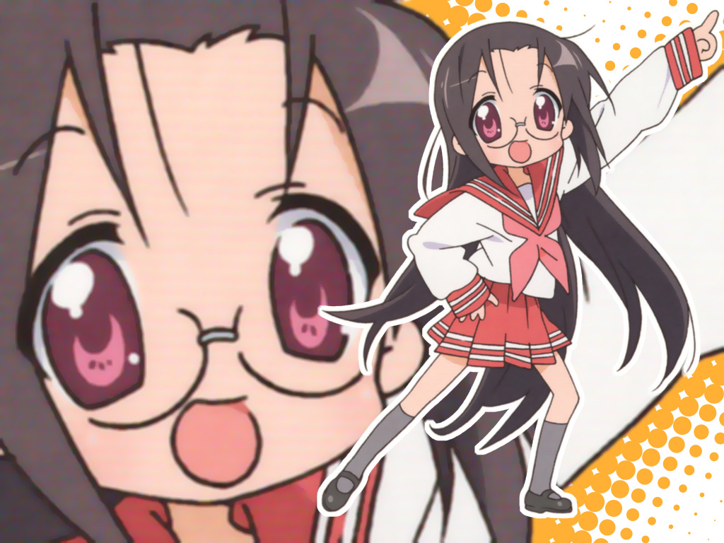 tamura hiyori, lucky star, 00s, black hair, glasses, long hair, pink eyes, school uniform, serafuku, solo, very long hair, zoom layer
