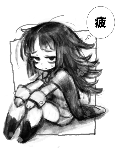 pon (tab rasa), original, commentary request, translation request, 1girl, bags under eyes, boots, cape, collared dress, dress, fang, furrowed brow, greyscale, hands on own knees, inset border, knees up, long hair, long sleeves, looking at viewer, loose hair strand, monochrome, open mouth, outside border, outstretched arms, short dress, simple background, sitting, sleeve cuffs, solo, speech bubble, thought bubble