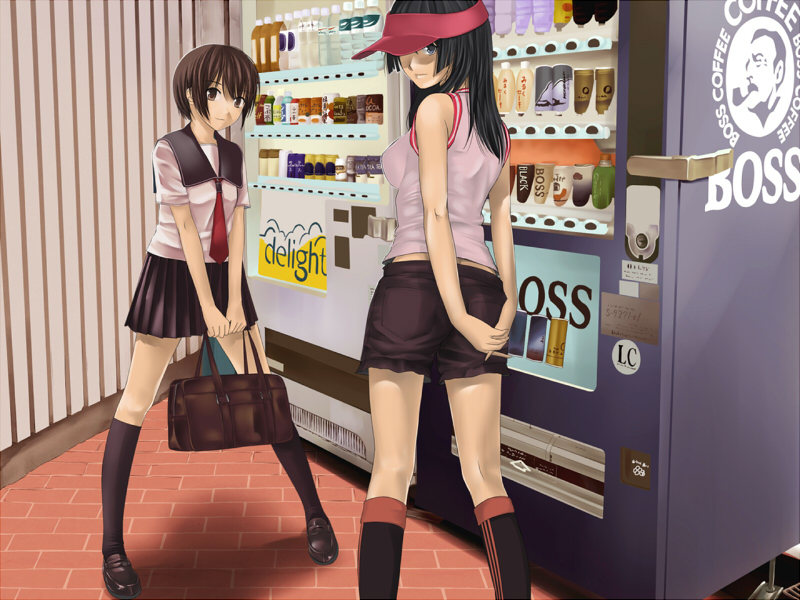 funaba, hitori (htr t), original, visor, bad id, bad pixiv id, 2girls, bag, black hair, brown hair, long hair, looking back, multiple girls, satchel, school uniform, serafuku, short hair, vending machine, visor cap