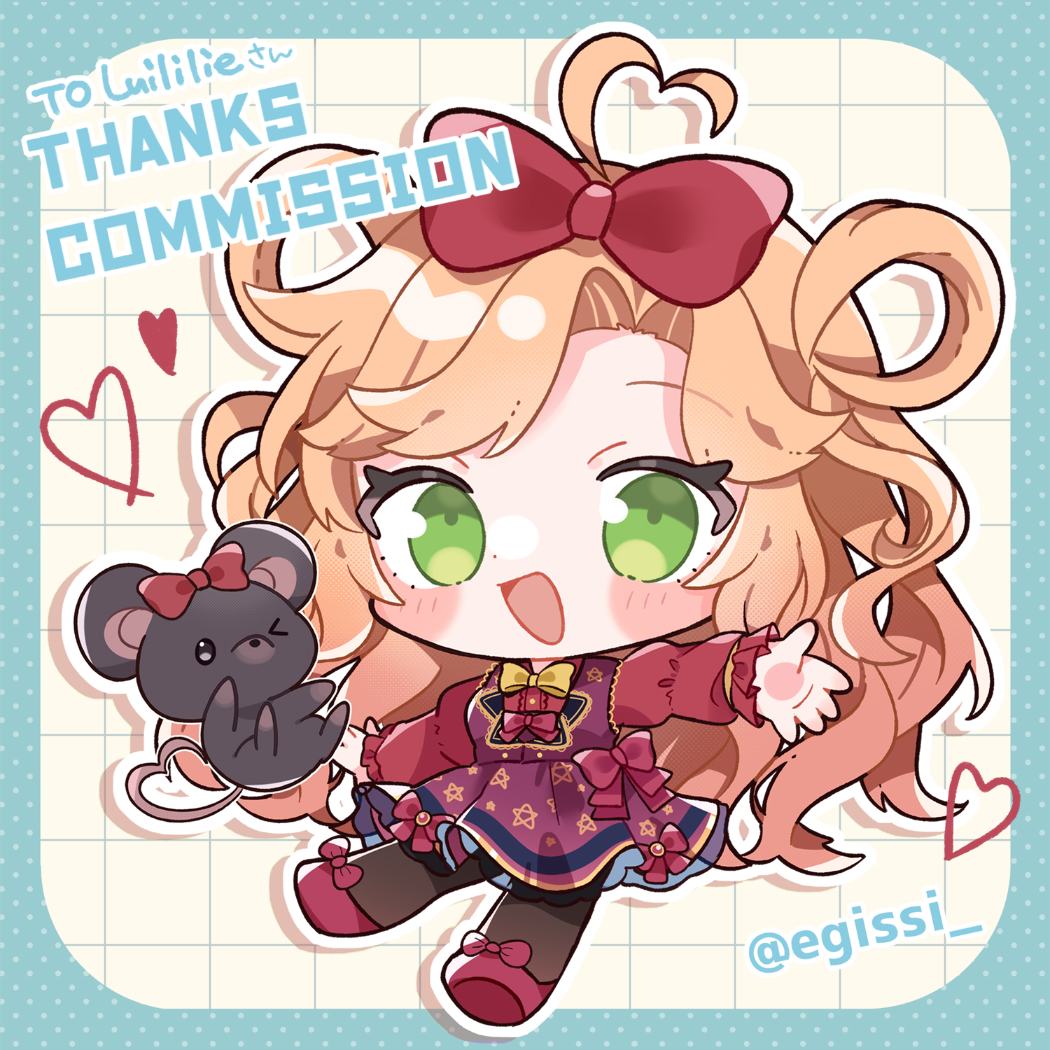 original, commentary, commission, highres, skeb commission, 1girl, :d, ahoge, black pantyhose, blonde hair, blue border, blush stickers, border, borrowed character, bow, bowtie, chibi, chibi only, commissioner name, dress, drop shadow, egissi, full body, green eyes, grid background, hair bow, heart, heart ahoge, long hair, long sleeves, looking at viewer, mouse (animal), open mouth, outline, outside border, pantyhose, parted bangs, red bow, red dress, red shoes, shoes, smile, solo, twitter username, white background, white outline, yellow bow, yellow bowtie