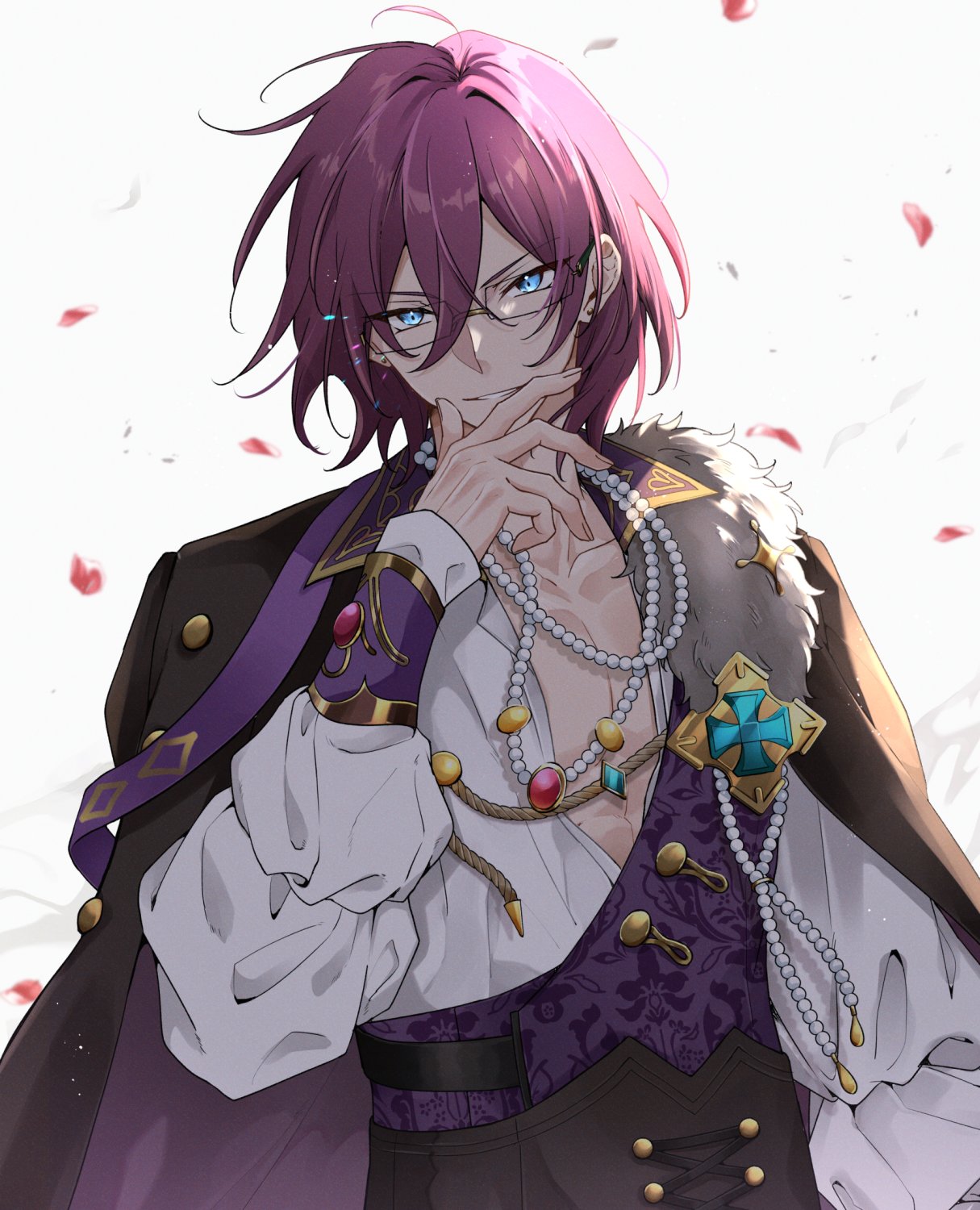 saegusa ibara, ensemble stars!, commentary, highres, 1boy, bead necklace, beads, blue eyes, clenched teeth, earrings, fingernails, fur trim, glasses, hair between eyes, hand up, jewelry, long sleeves, looking at viewer, male focus, na (gurugurusick), necklace, official alternate costume, petals, purple hair, royal flush (ensemble stars!), smile, solo, teeth, upper body, white background