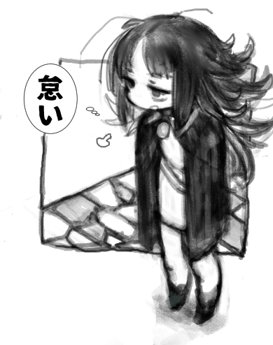 pon (tab rasa), original, lowres, translation request, 1girl, bags under eyes, boots, bored, brooch, cape, dress, full body, greyscale, jewelry, long hair, looking ahead, loose hair strand, monochrome, open mouth, outside border, puff of air, short dress, sigh, solo, standing