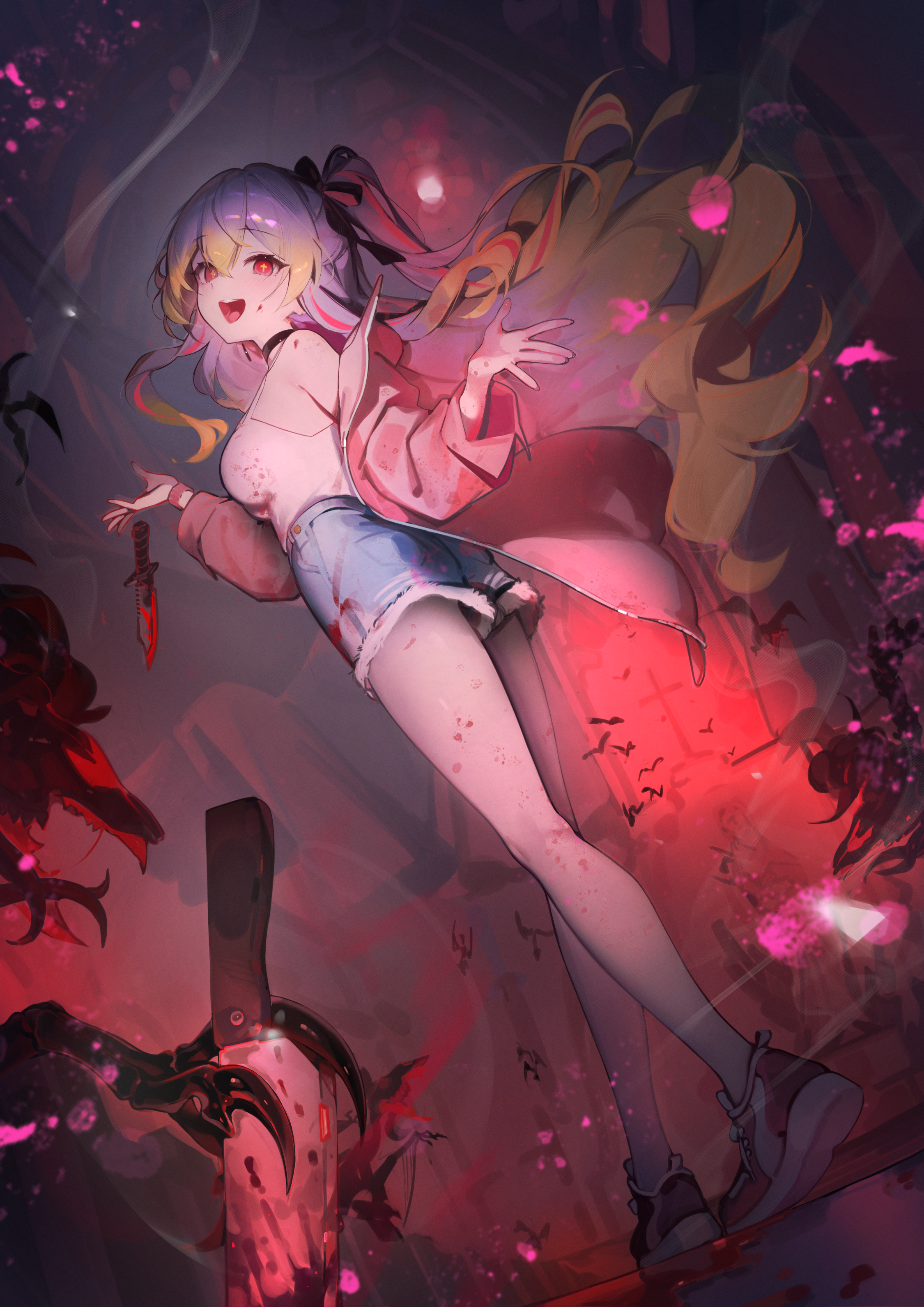 ribiadan, original, absurdres, check copyright, commission, copyright request, highres, pixiv commission, 1girl, :d, blonde hair, blood, blue shorts, breasts, cross-shaped pupils, gradient hair, grey hair, jacket, knife, long hair, long sleeves, looking at viewer, multicolored hair, open mouth, pink jacket, red eyes, shoes, shorts, smile, solo, symbol-shaped pupils, two-tone hair